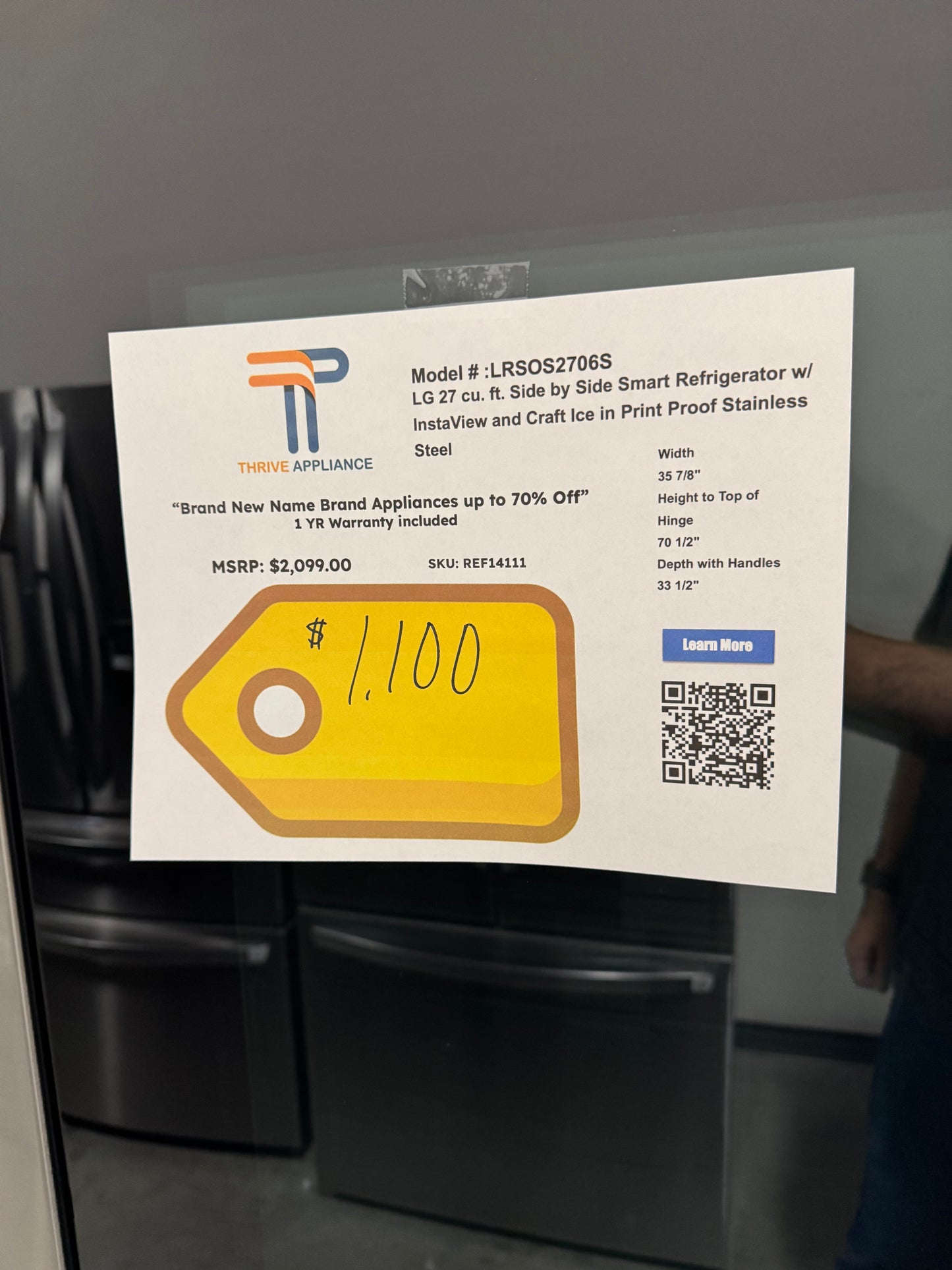 LG 27 cu. ft. Side-By-Side InstaView® Refrigerator MODEL: LRSOS2706S SKU: REF14111