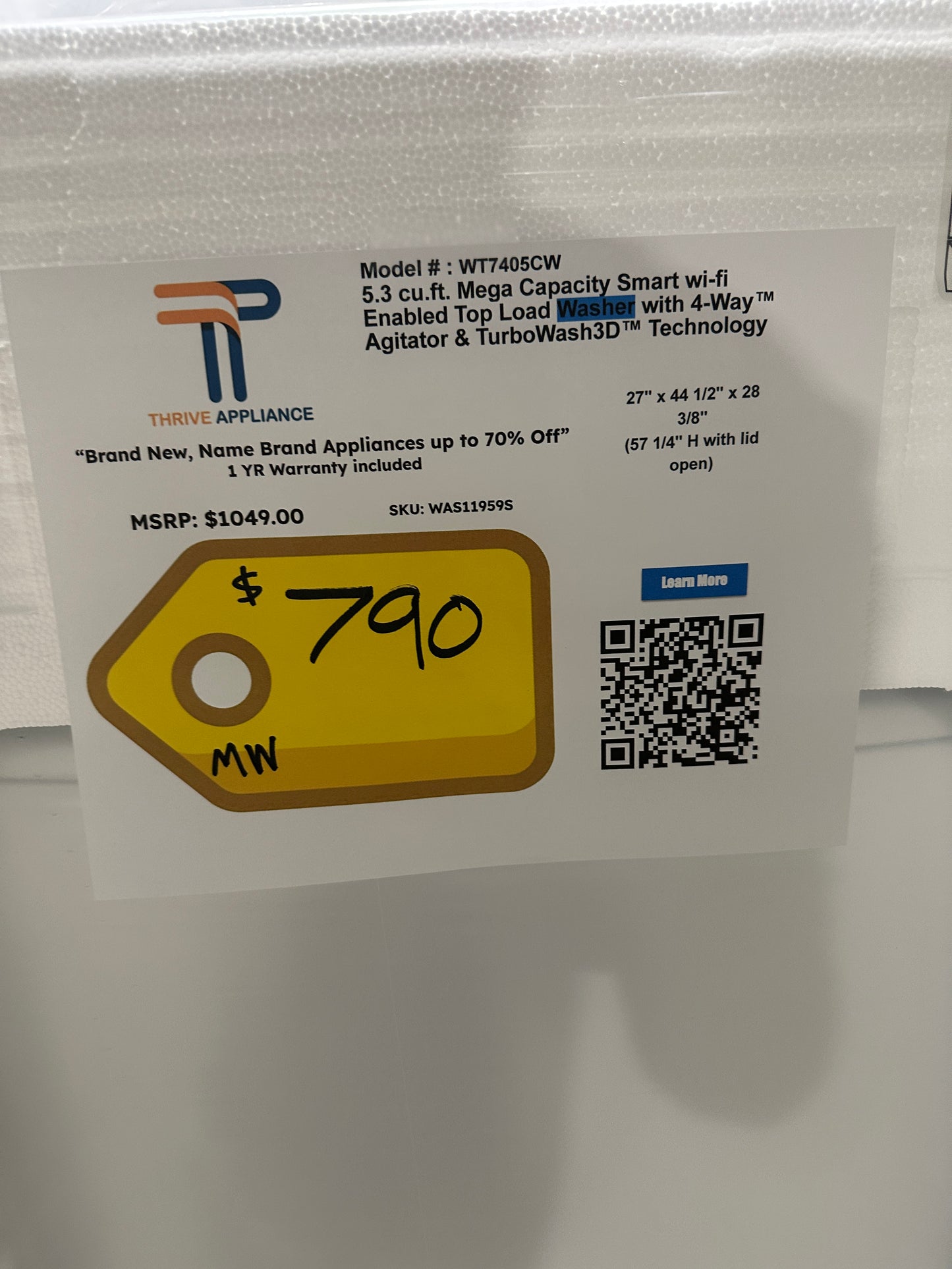 NEW TOP LOAD WASHER WITH FULL MANUFACTURER WARRANTY Model:WT7405CW WAS11959S