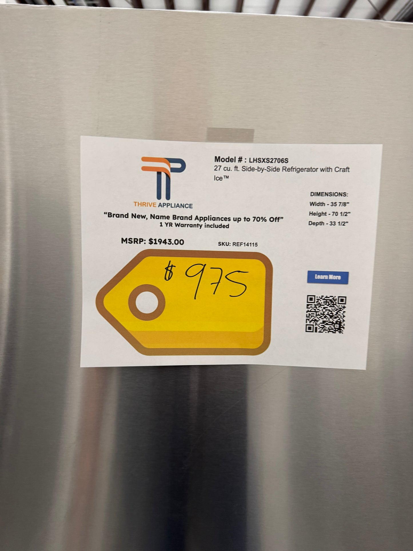 LG 27 cu. ft. Side-by-Side Refrigerator with Craft Ice™ MODEL: LHSXS2706S SKU: REF14115