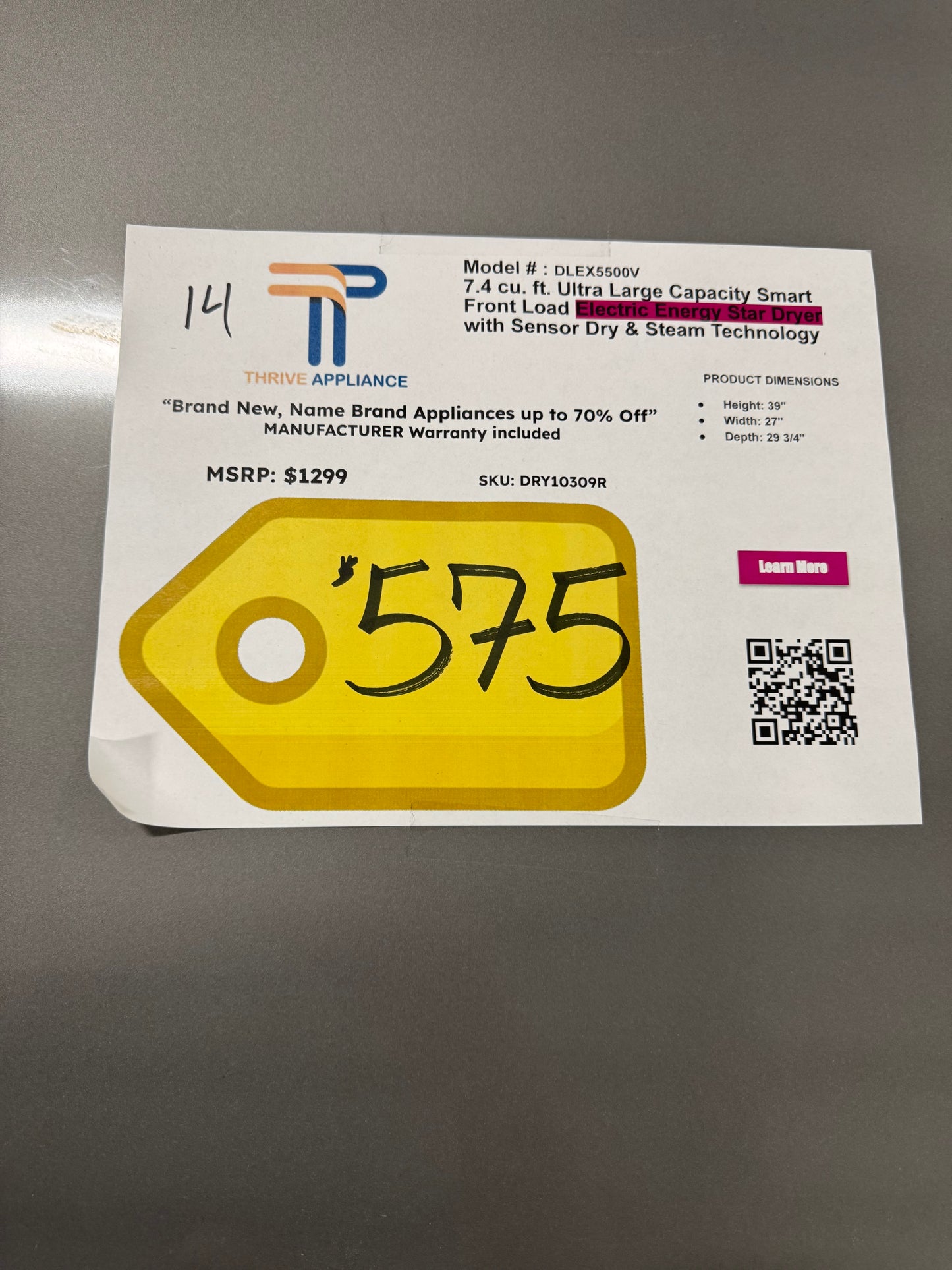 LG 7.4 cu. ft. Ultra Large Capacity Smart Front Load Electric ENERGY STAR Dryer with Sensor Dry & Steam Technology MODEL: DLEX5500V SKU: DRY10309R