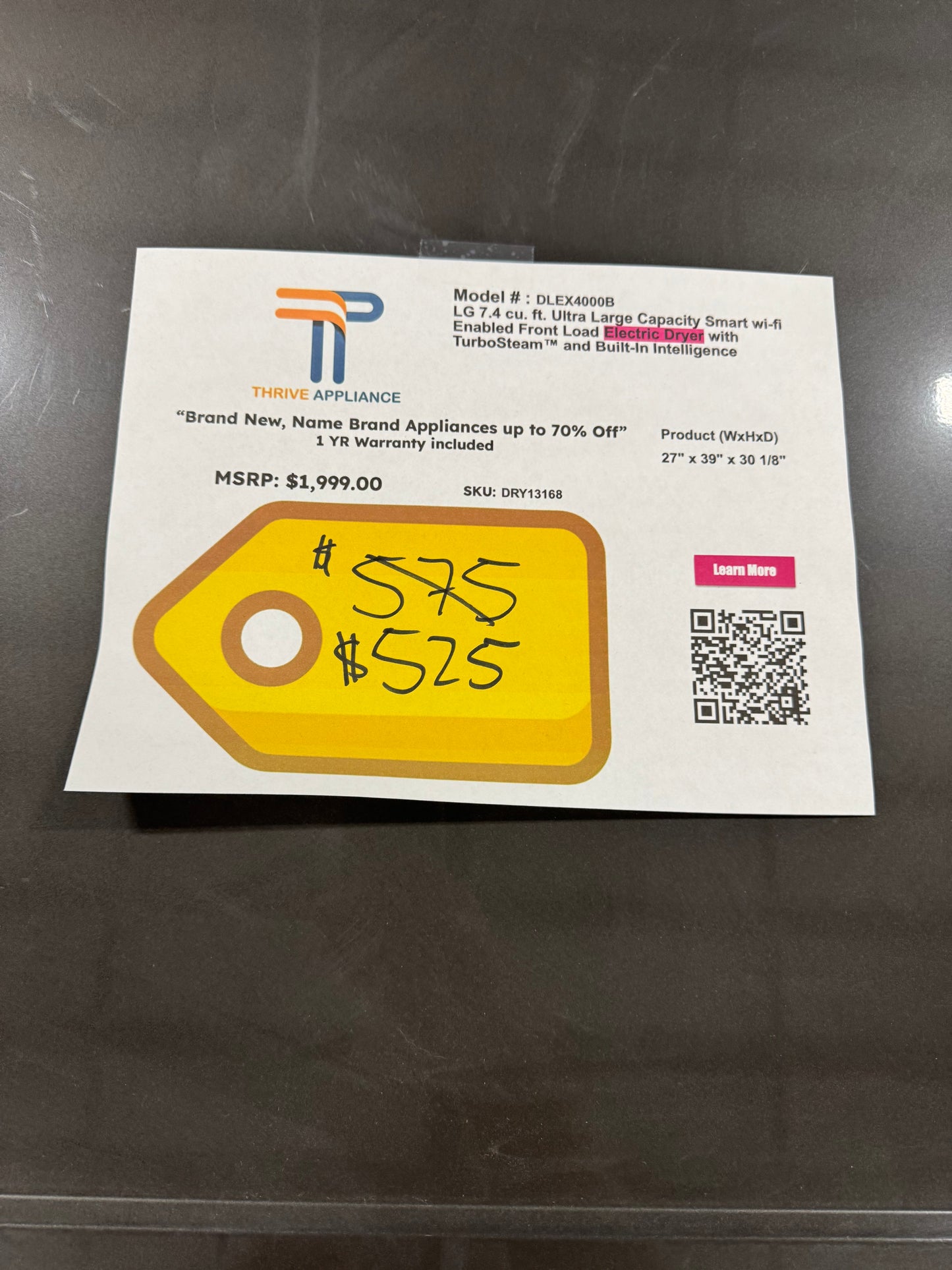 GREAT NEW LG FRONT LOAD ELECTRIC DRYER MODEL: DLEX4000B DRY13168