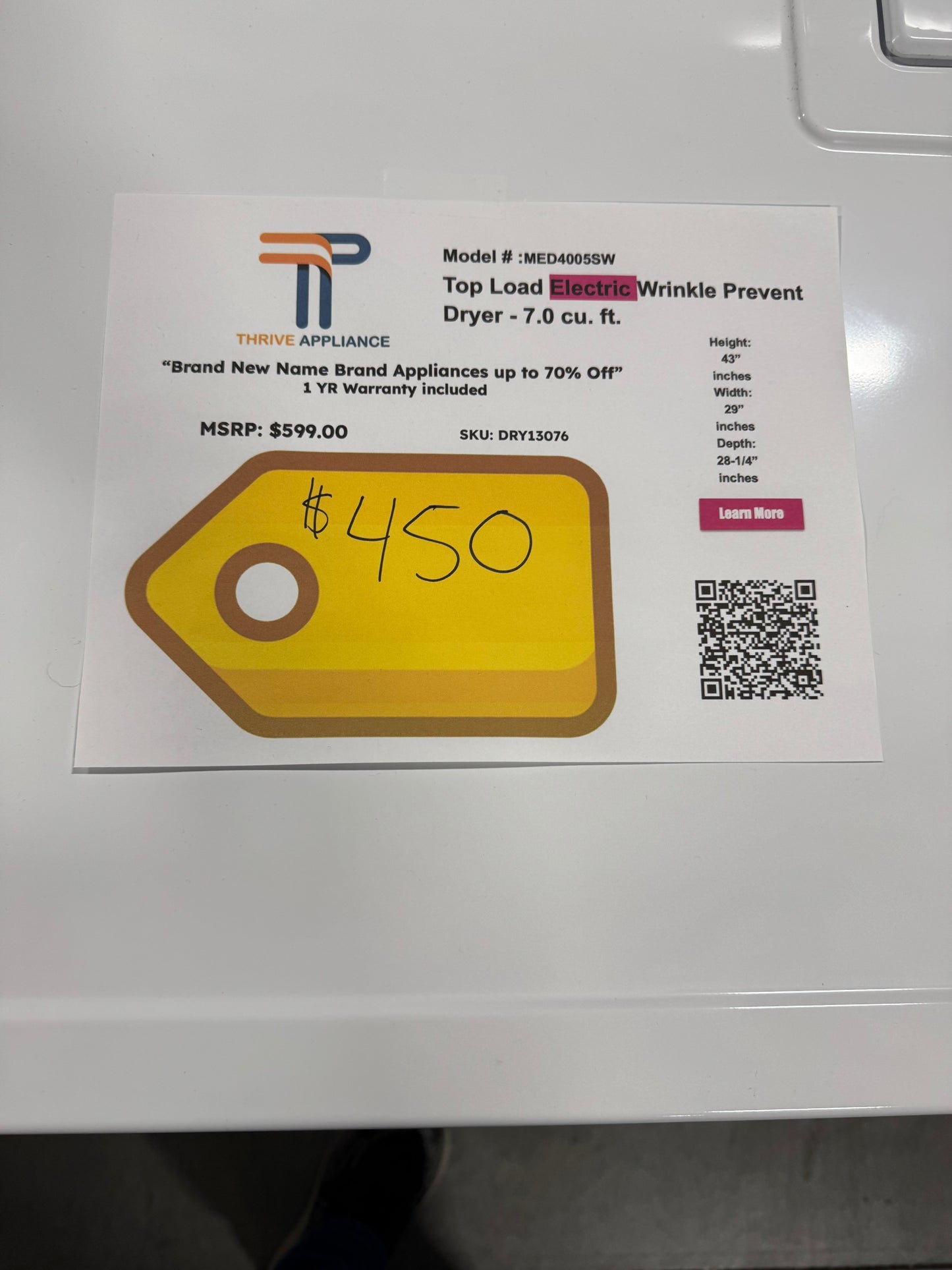 Maytag Top Load Electric Wrinkle Prevent Dryer - 7.0 cu. ft. MODEL: MED4005SW SKU: DRY13076