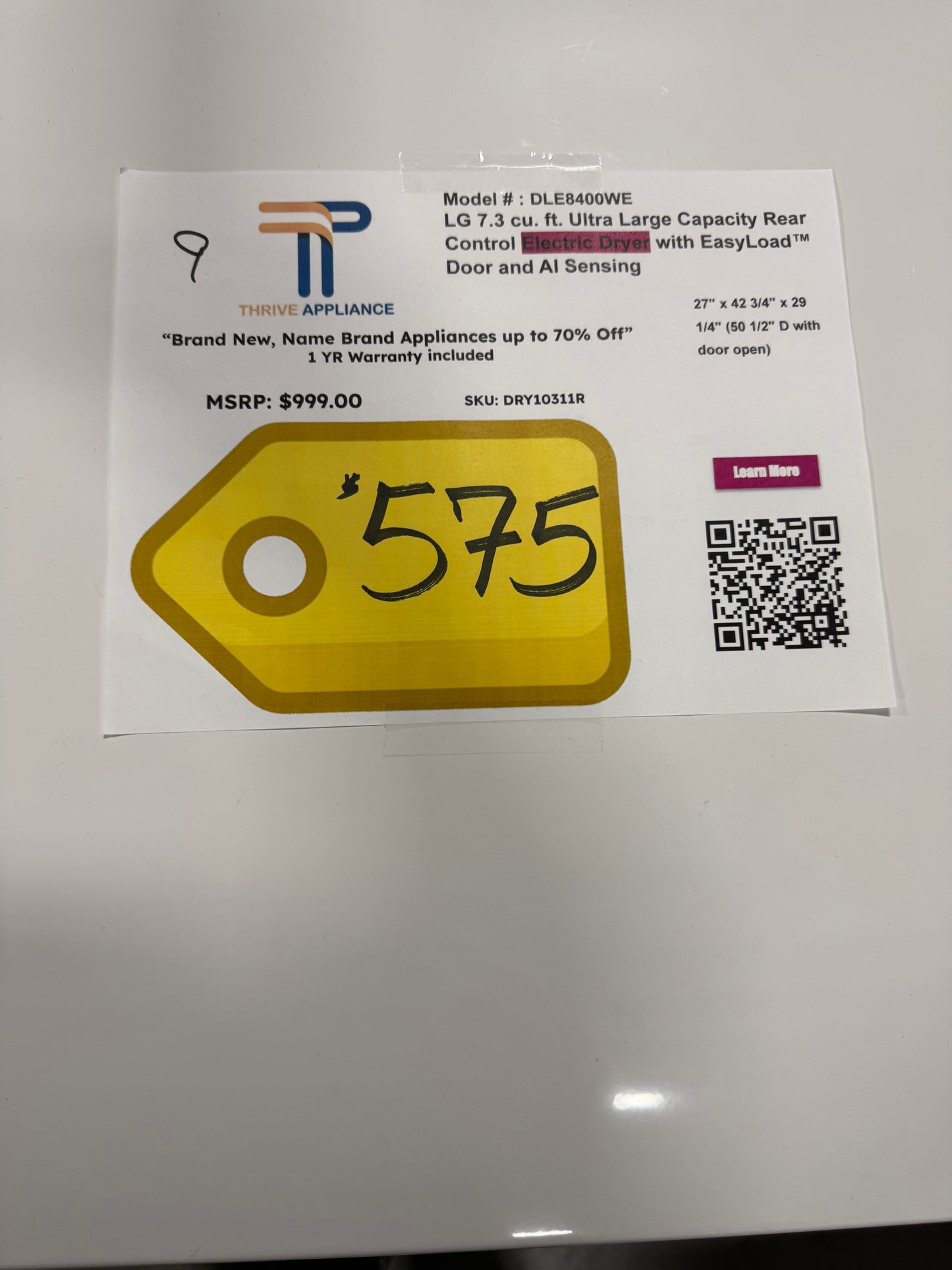 LG 7.3 cu. ft. Ultra Large Capacity Rear Control Electric Dryer with LG EasyLoad™ Door and AI Sensing MODEL: DLE8400WE SKU: DRY10311R