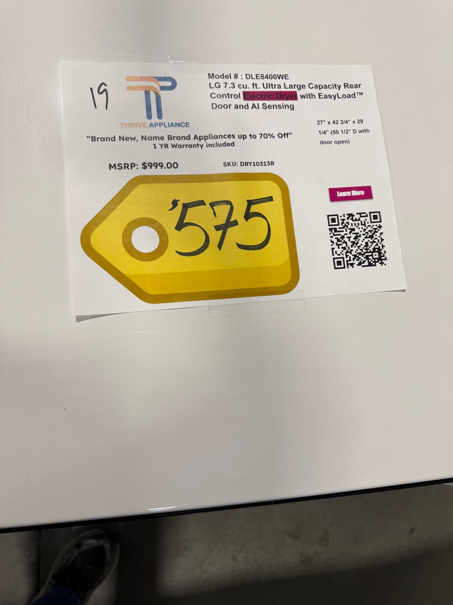 LG 7.3 cu. ft. Ultra Large Capacity Rear Control Electric Dryer with LG EasyLoad™ Door and AI Sensing MODEL: DLE8400WE SKU: DRY10313R