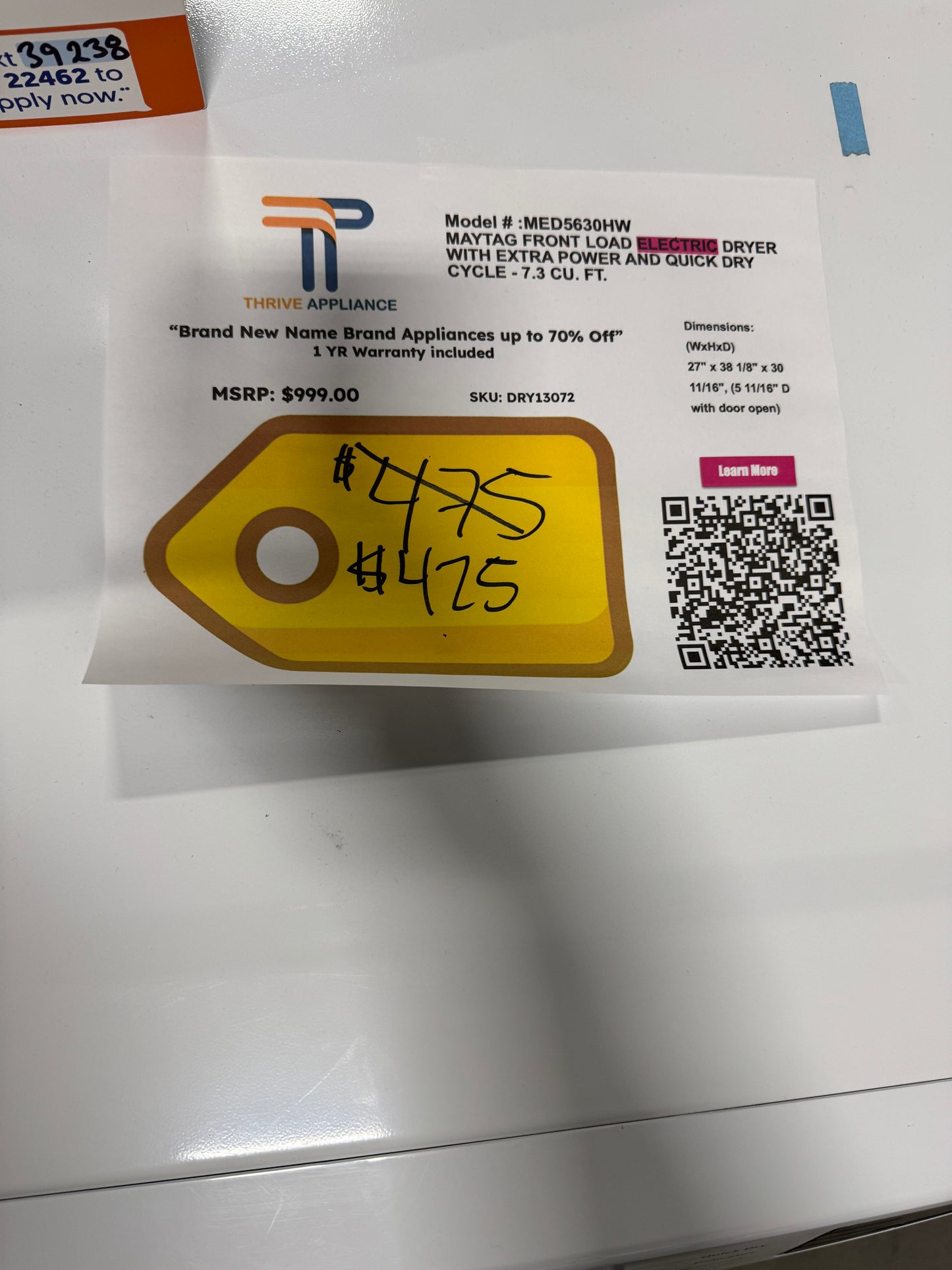 Maytag Front Load Electric Dryer with Extra Power and Quick Dry cycle - 7.3 cu. ft. MODEL: MED5630HW SKU: DRY13072