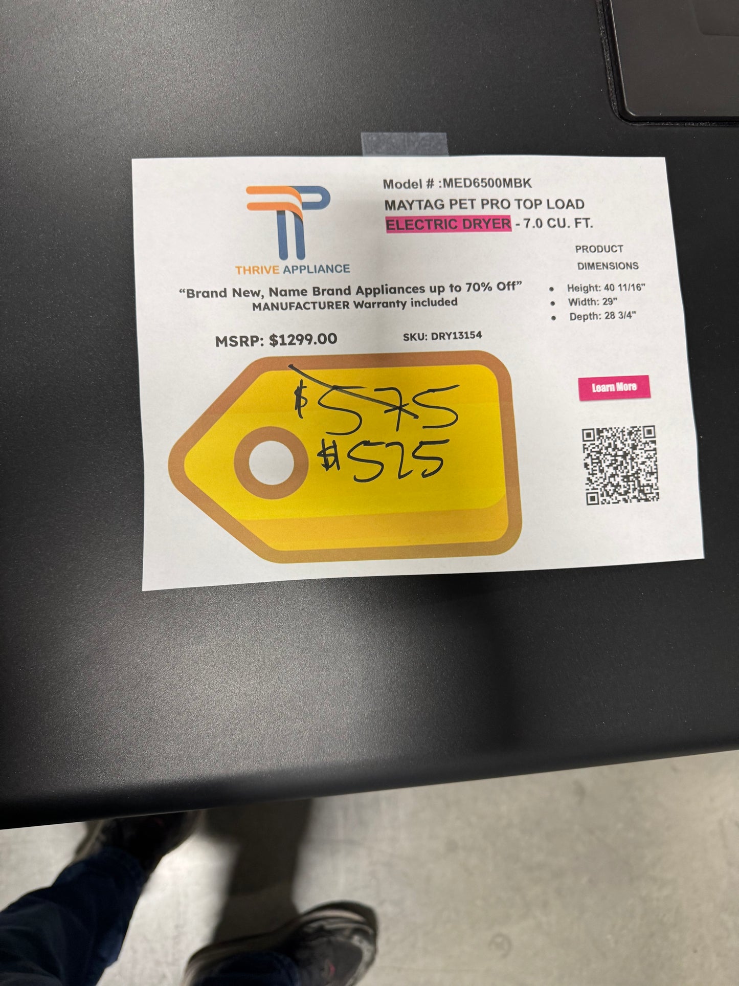 Maytag Pet Pro Top Load Electric Dryer MODEL: MED6500MBK DRY13154