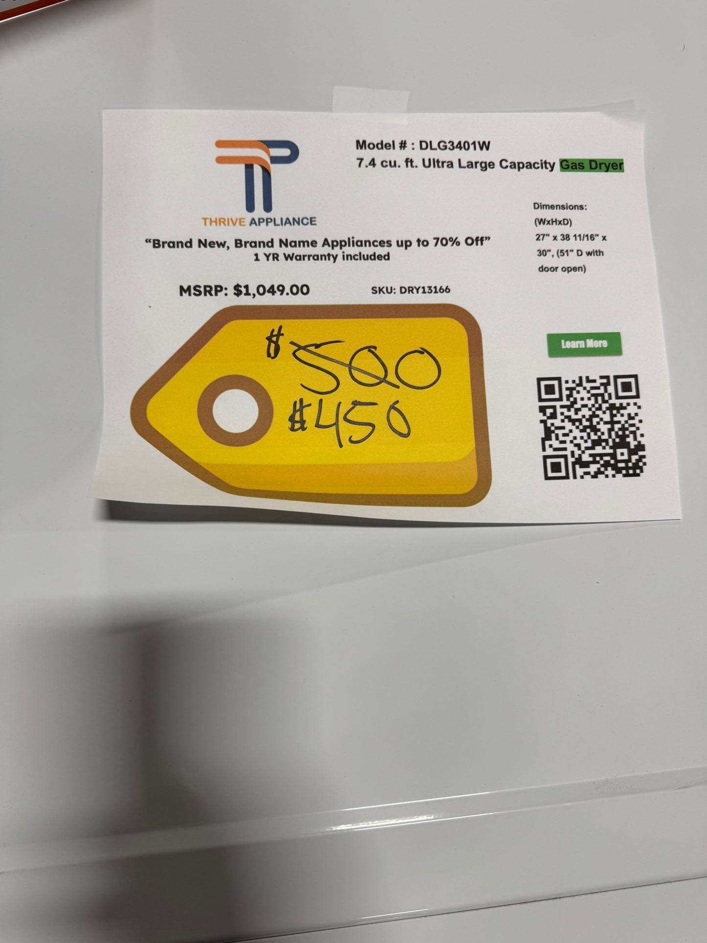 NEW 7.4 Cu. Ft. Ultra Large Capacity Gas Dryer LG MODEL: DLG3401W DRY13166