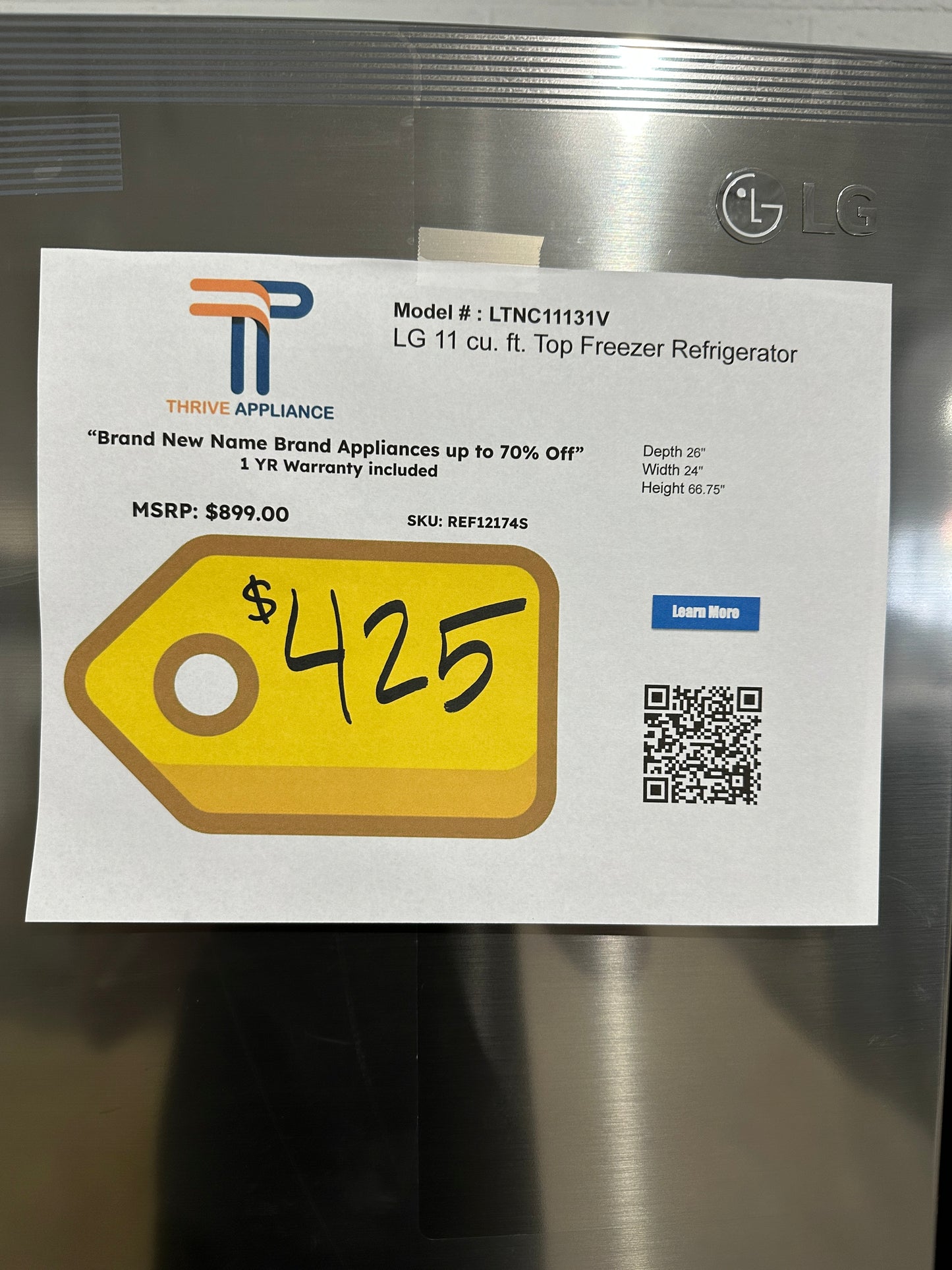 11.1 CU FT TOP FREEZER PLATINUM SILVER LG REFRIGERATOR Model:LTNC11131V REF12174S