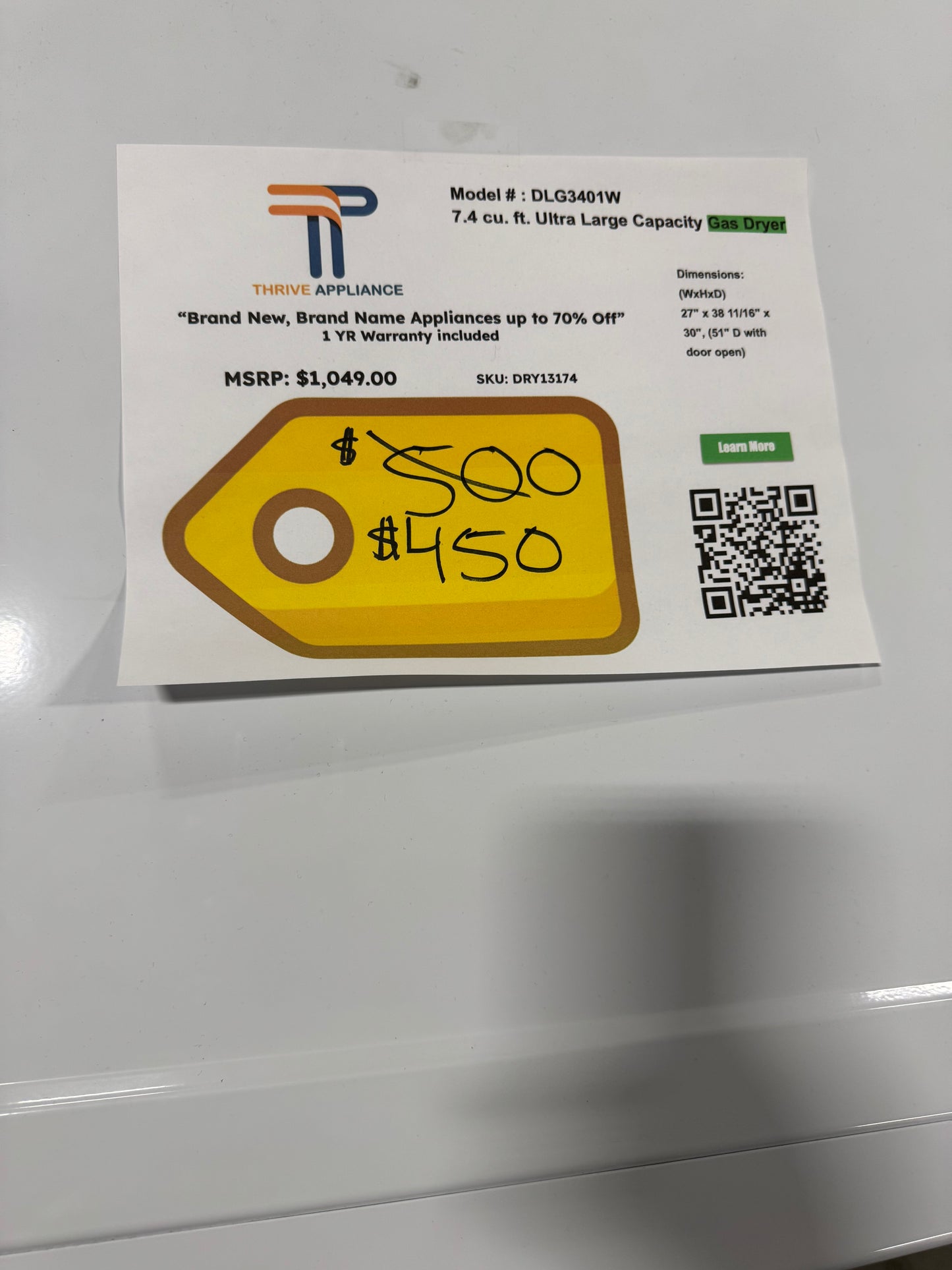 GREAT NEW LG GAS DRYER MODEL: DLG3401W DRY13174