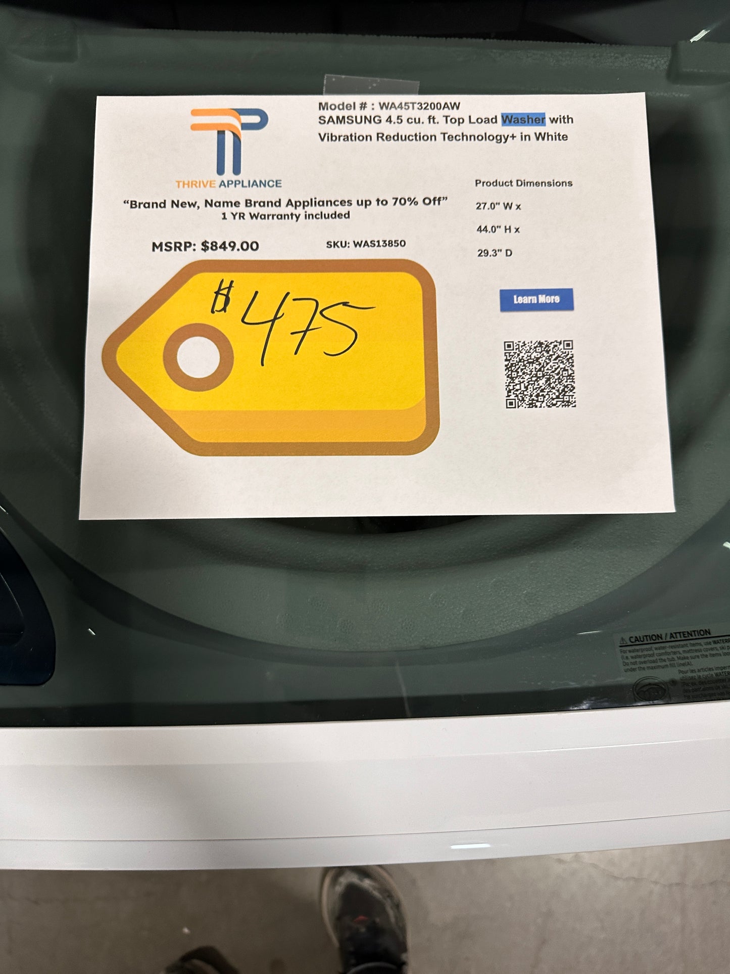 Samsung Top Load Washer with Vibration Reduction Technology+ MODEL: WA45T3200AW WAS13850