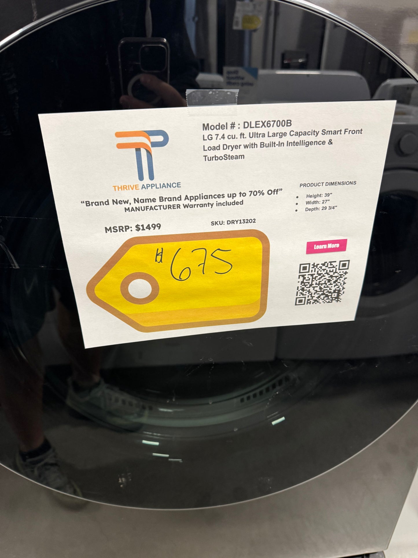 LG 7.4 cu. ft. Ultra Large Capacity Smart Front Load Electric Dryer with Built-In Intelligence & TurboSteam® MODEL: DLEX6700B SKU: DRY13202