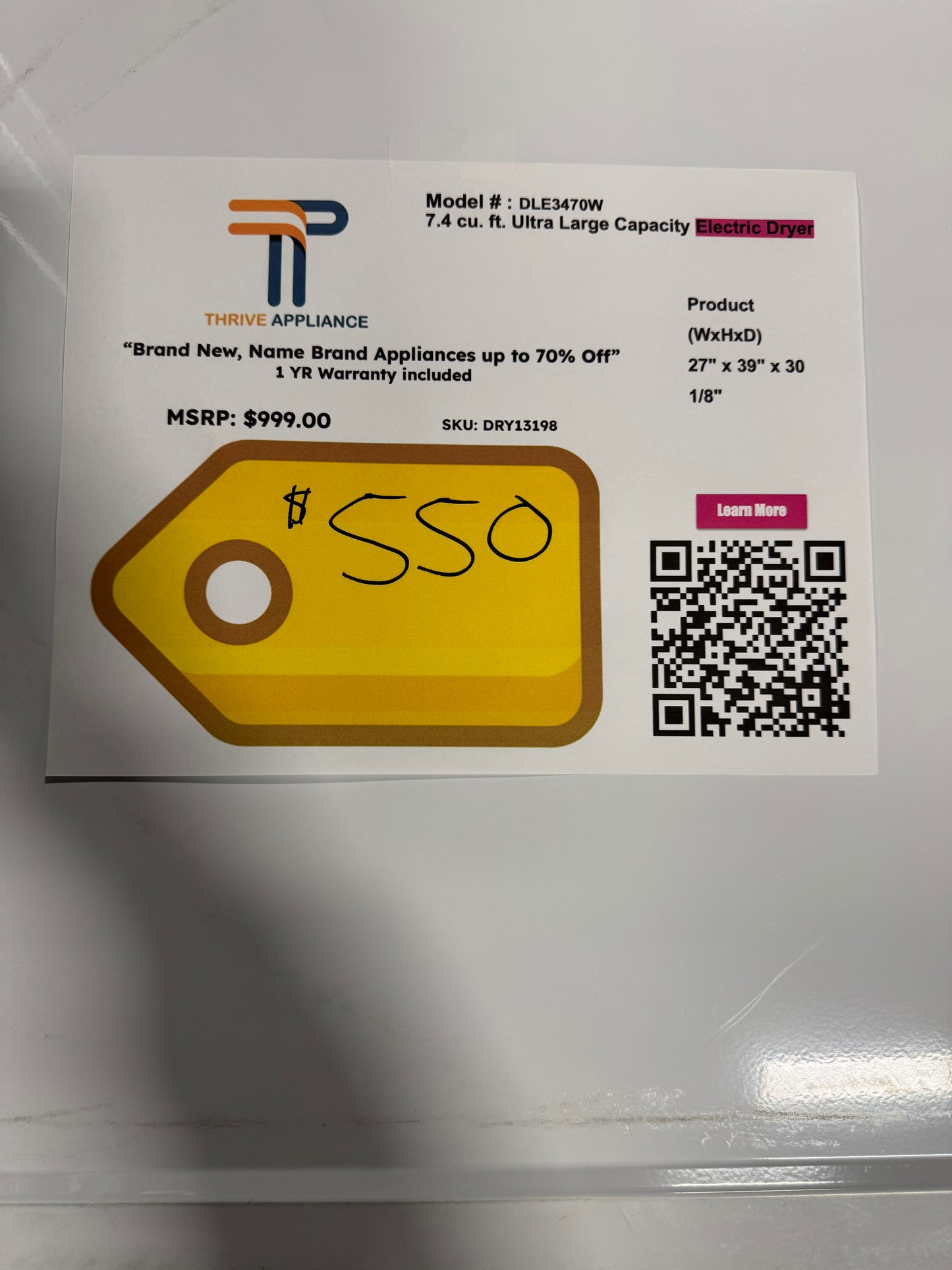 LG 7.4 cu. ft. Ultra Large Capacity Electric Dryer MODEL: DLE3470W SKU: DRY13198