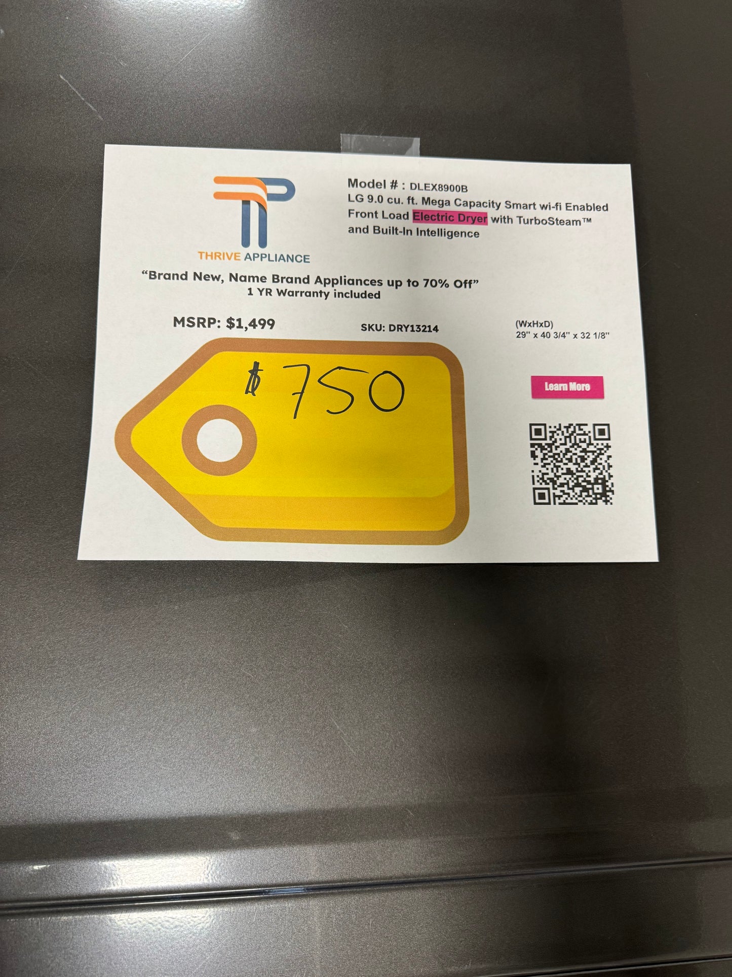 LG 9.0 cu. ft. Mega Capacity Smart Wi-Fi Enabled Front Load Electric Dryer with TurboSteam™ and Built-In Intelligence MODEL: DLEX8900B SKU: DRY13214