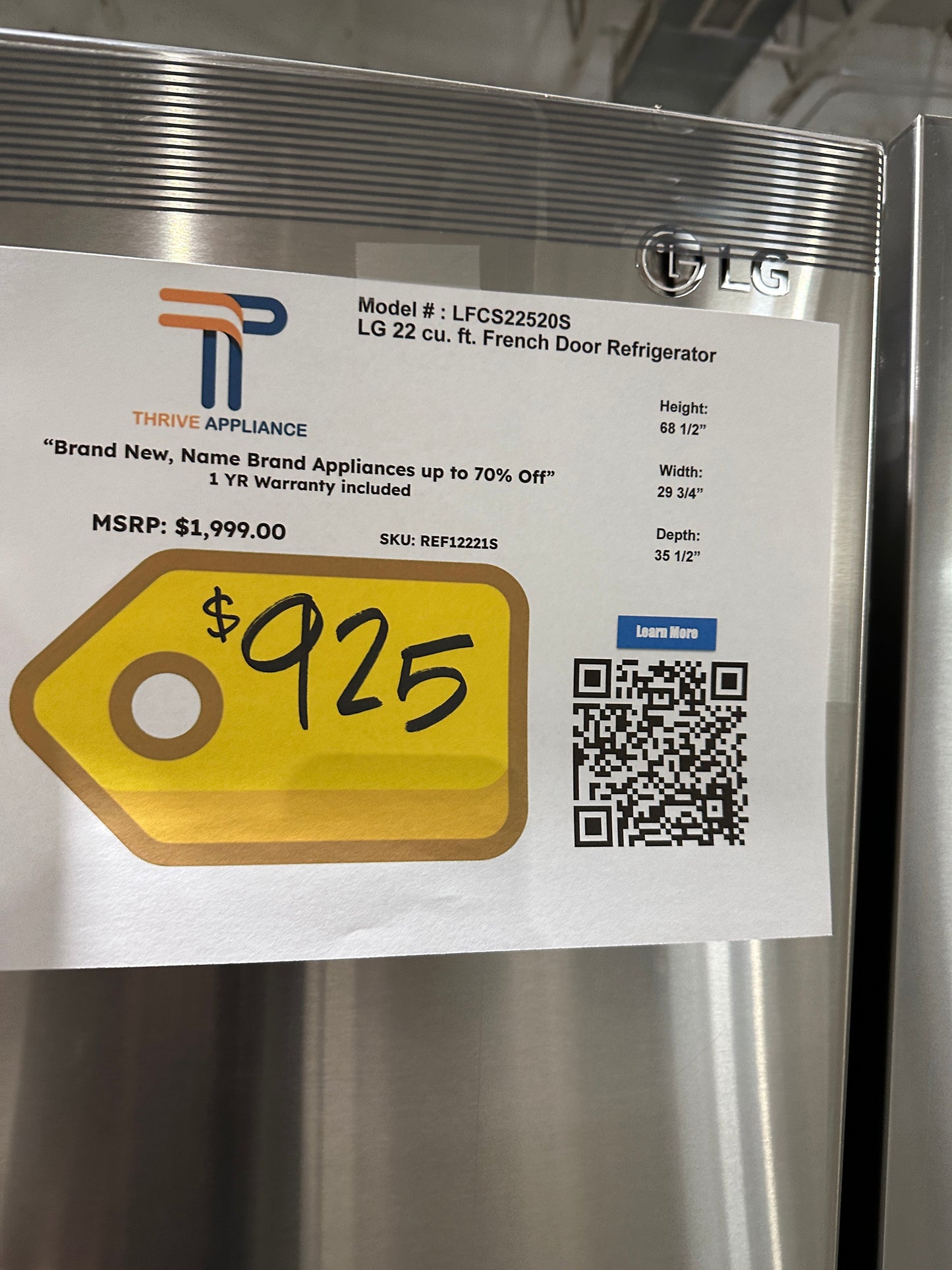 21.8 CU FT LG REFRIGERATOR with SMART COOLING SYSTEM MODEL: LFCS22520S REF12221S