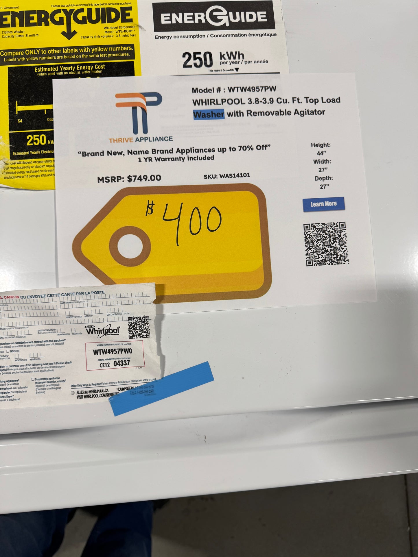 3.8–3.9 Cu. Ft. Whirlpool® Top Load Washer with Removable Agitator MODEL: WTW4957PW SKU: WAS14101