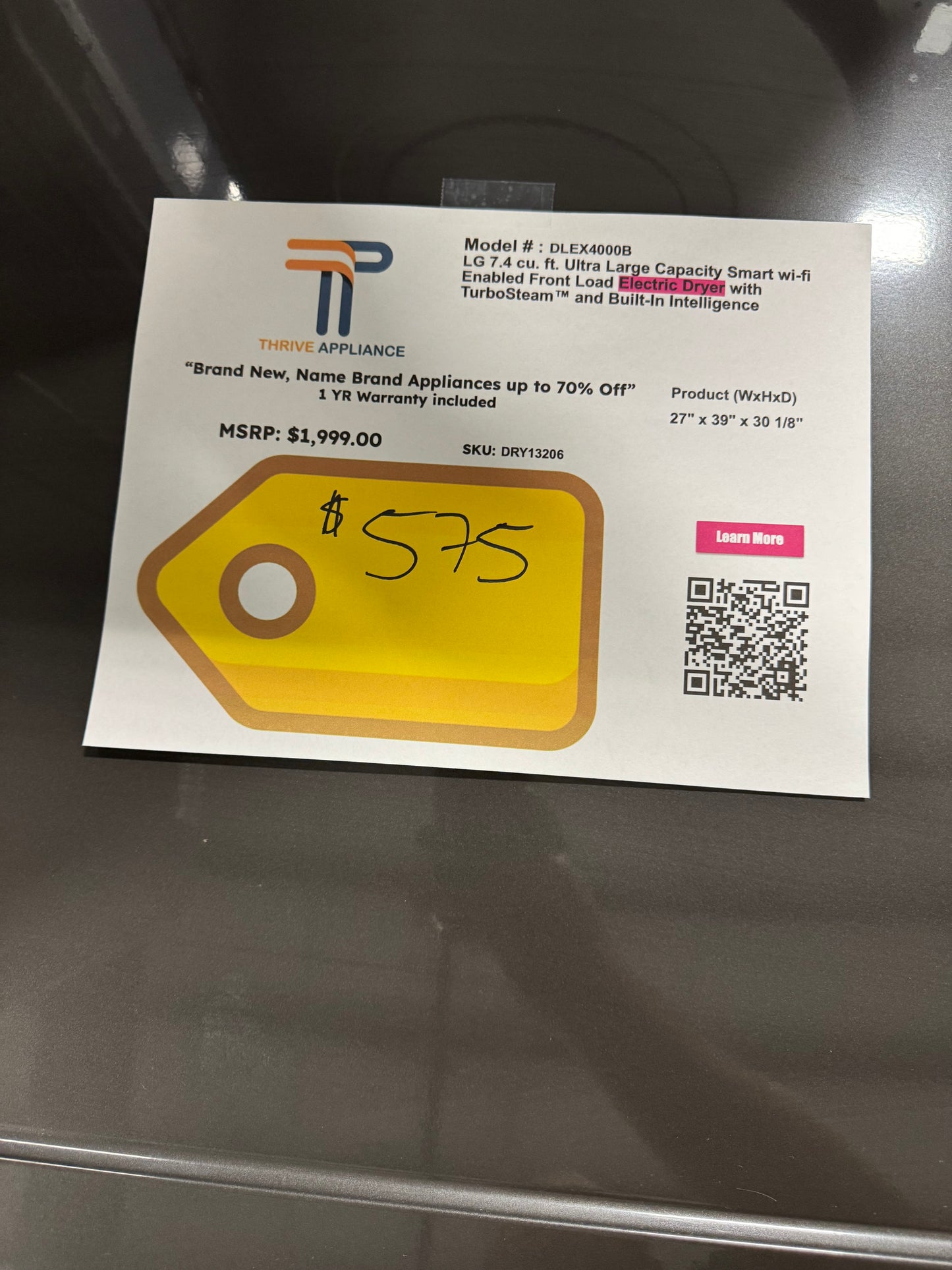 LG 7.4 Cu. Ft. Vented SMART Stackable Electric Dryer in Black Steel with TurboSteam and Sensor Dry Technology MODEL: DLEX4000B SKU: DRY13206