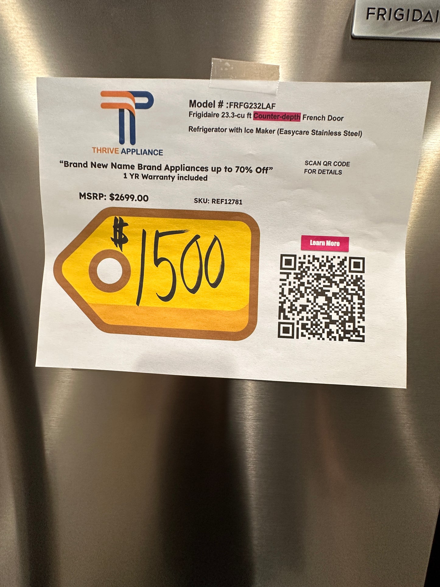 GREAT NEW FRIGIDAIRE FRENCH DOOR REFRIGERATOR - REF12781 FRFG232LAF