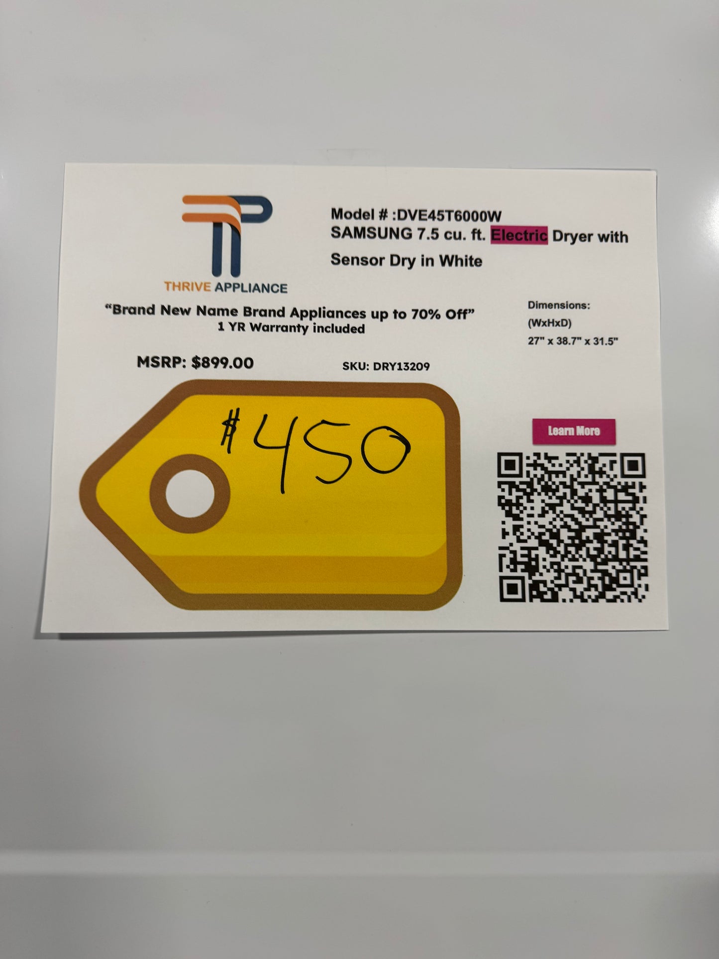 7.5 cu. ft. Vented Stackable Electric Dryer in White with Sensor Dry MODEL: DVE45T6000W SKU: DRY13209