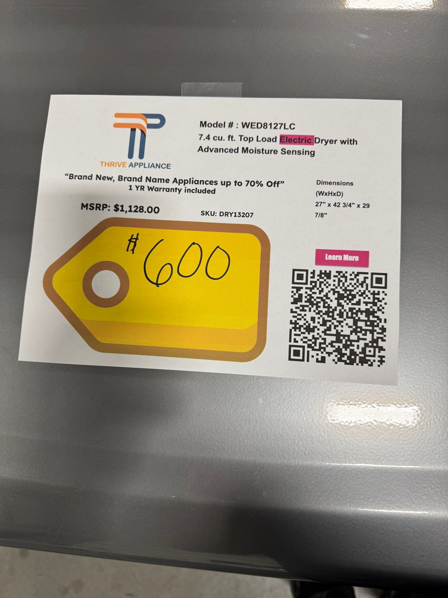 7.4 cu. ft. Top Load Electric Dryer with Advanced Moisture Sensing MODEL: WED8127LC SKU: DRY13207