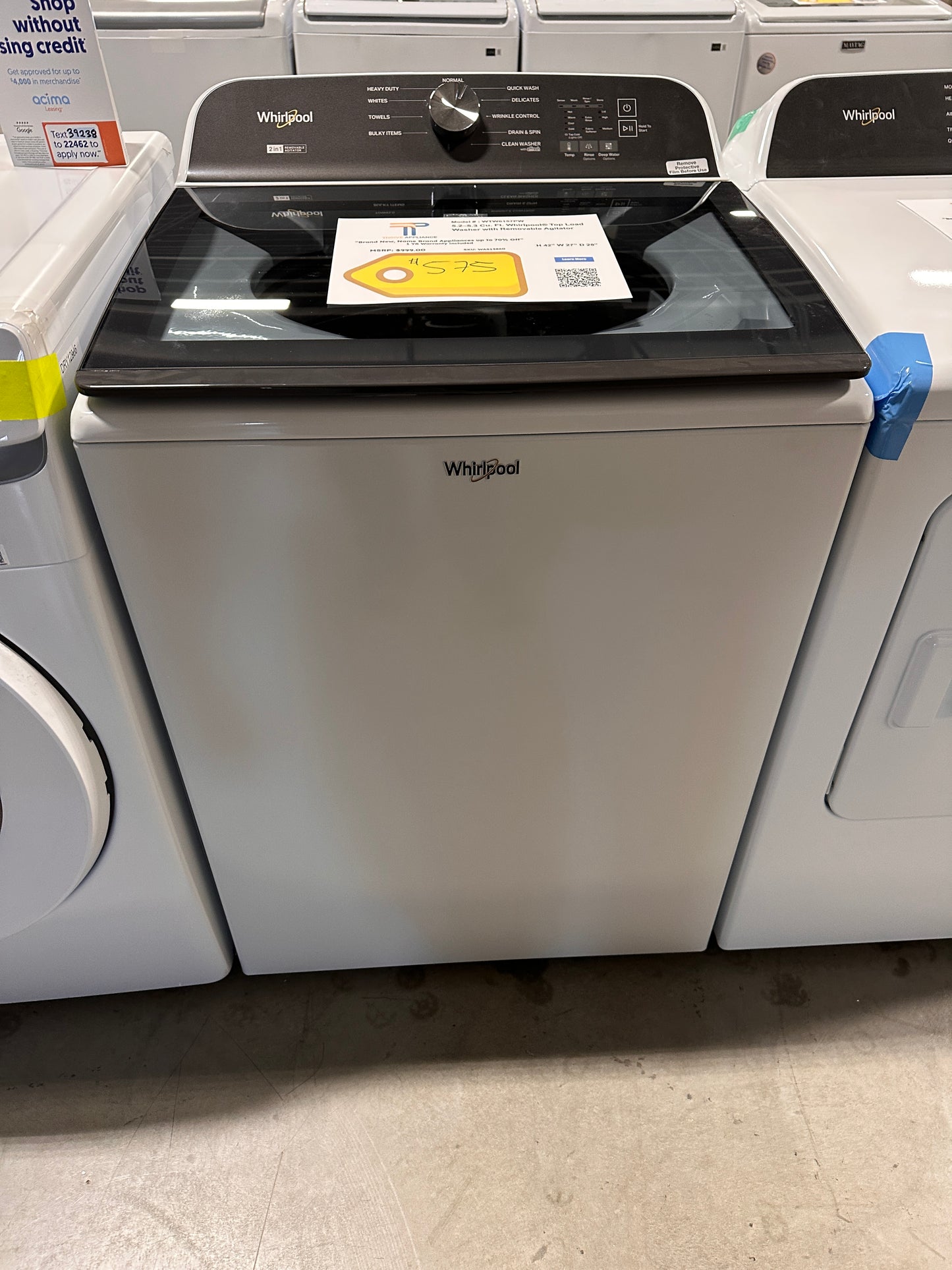 5.3 Cu. Ft. Whirlpool Top Load Washer With Removable Agitator MODEL: WTW6157PW WAS13860