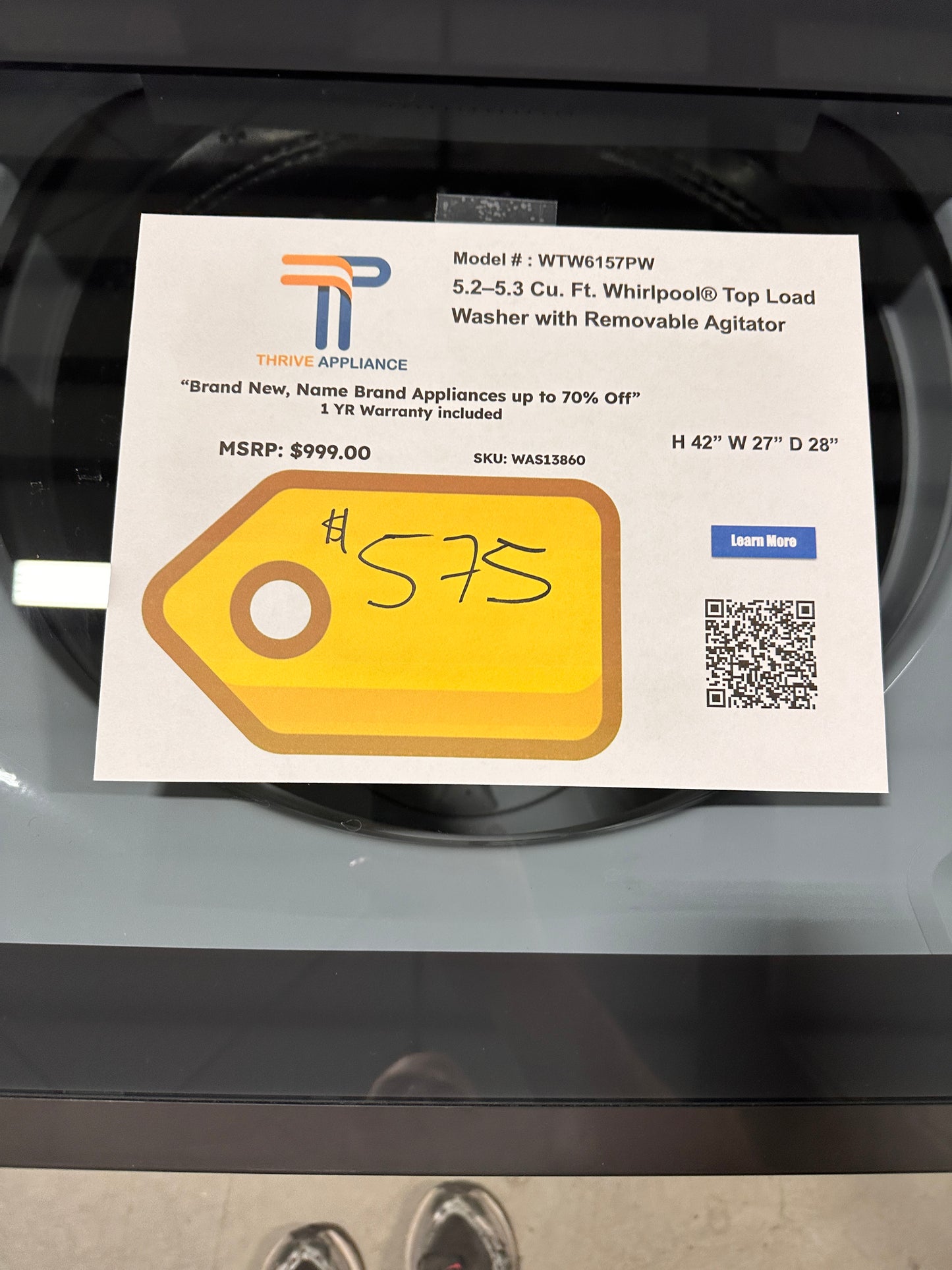 5.3 Cu. Ft. Whirlpool Top Load Washer With Removable Agitator MODEL: WTW6157PW WAS13860