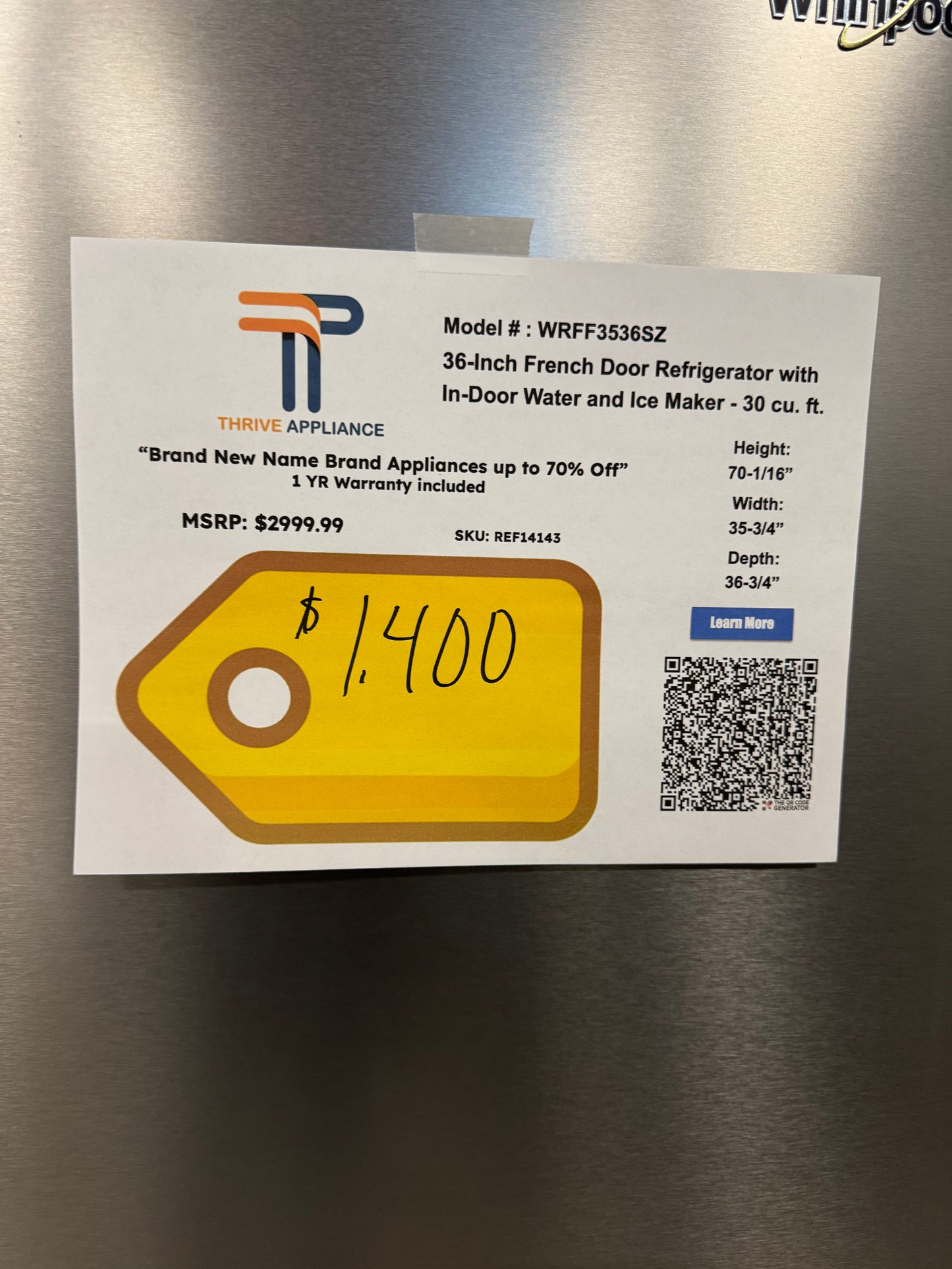 Whirlpool 36-Inch French Door Refrigerator with In-Door Water and Ice Maker - 30 cu. ft