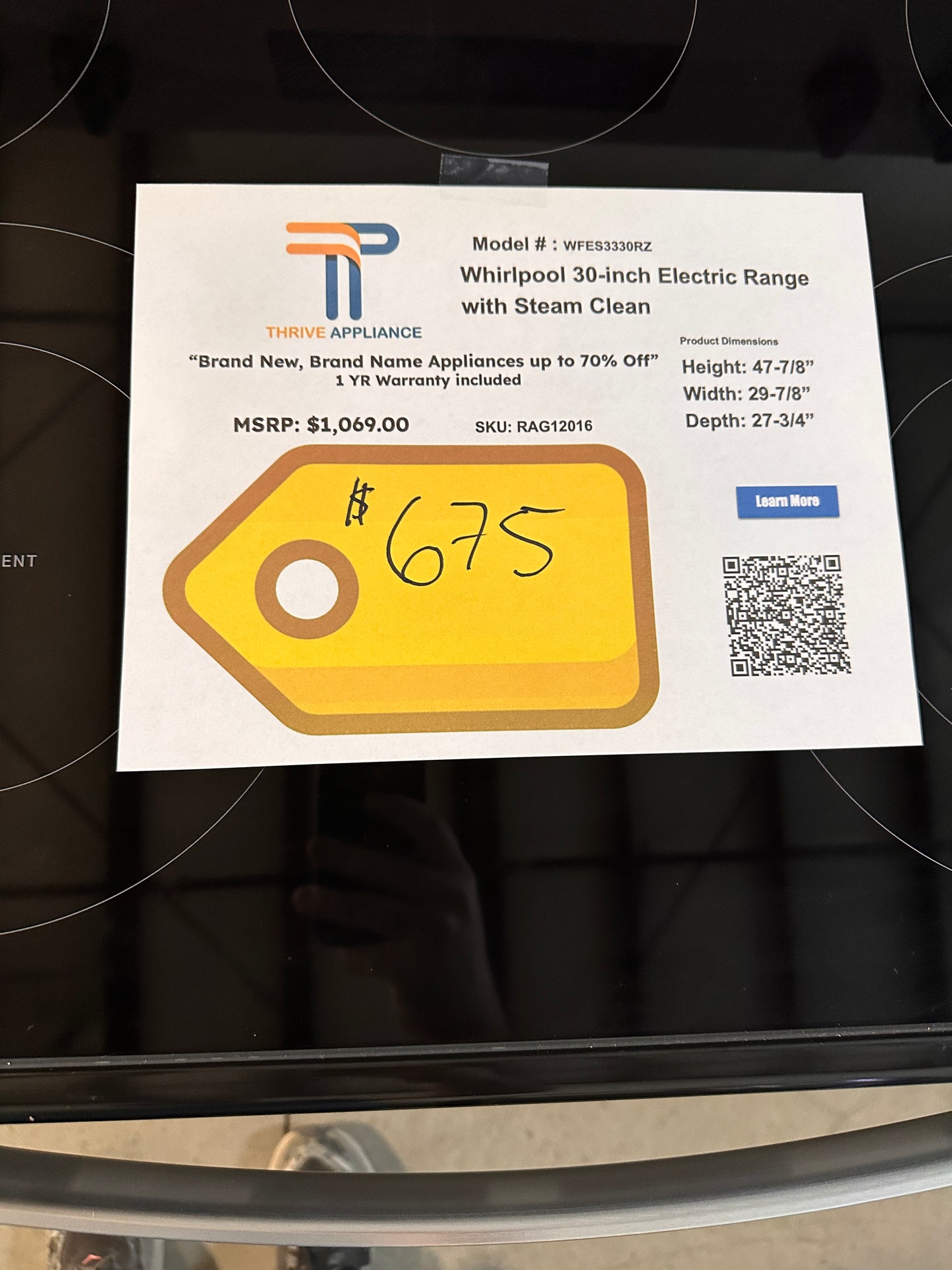 BRAND NEW! Whirlpool Electric Range MODEL: WFES3330RZ RAG12016