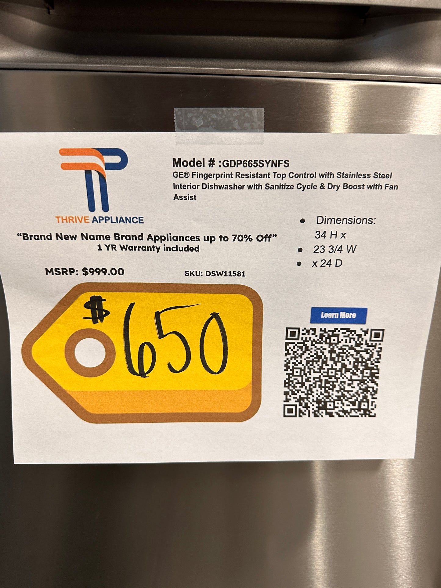 NEW GE DISHWASHER WITH HIDDEN CONTROLS - DSW11581 GDP665SYNFS