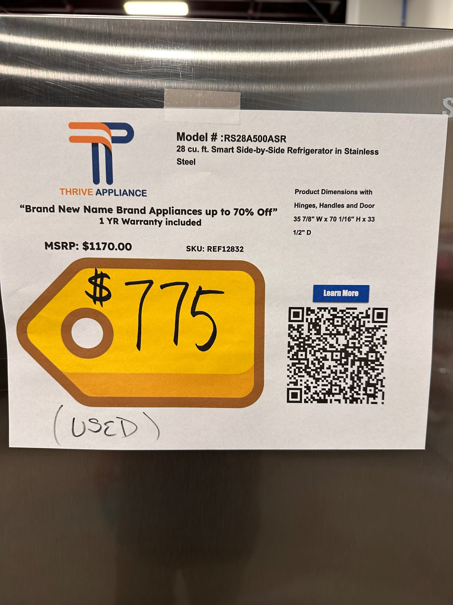 LIKE NEW SAMSUNG SIDE BY SIDE REFRIGERATOR - REF12832 RS28A500ASR