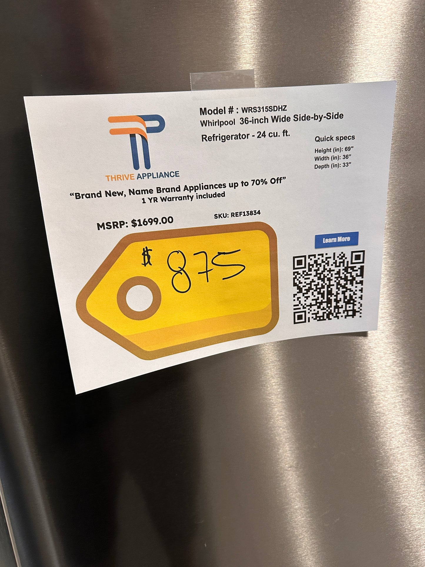 NEW! Whirlpool 36 Side-By-Side Refrigerator MODEL: WRS315SDHZ REF13834