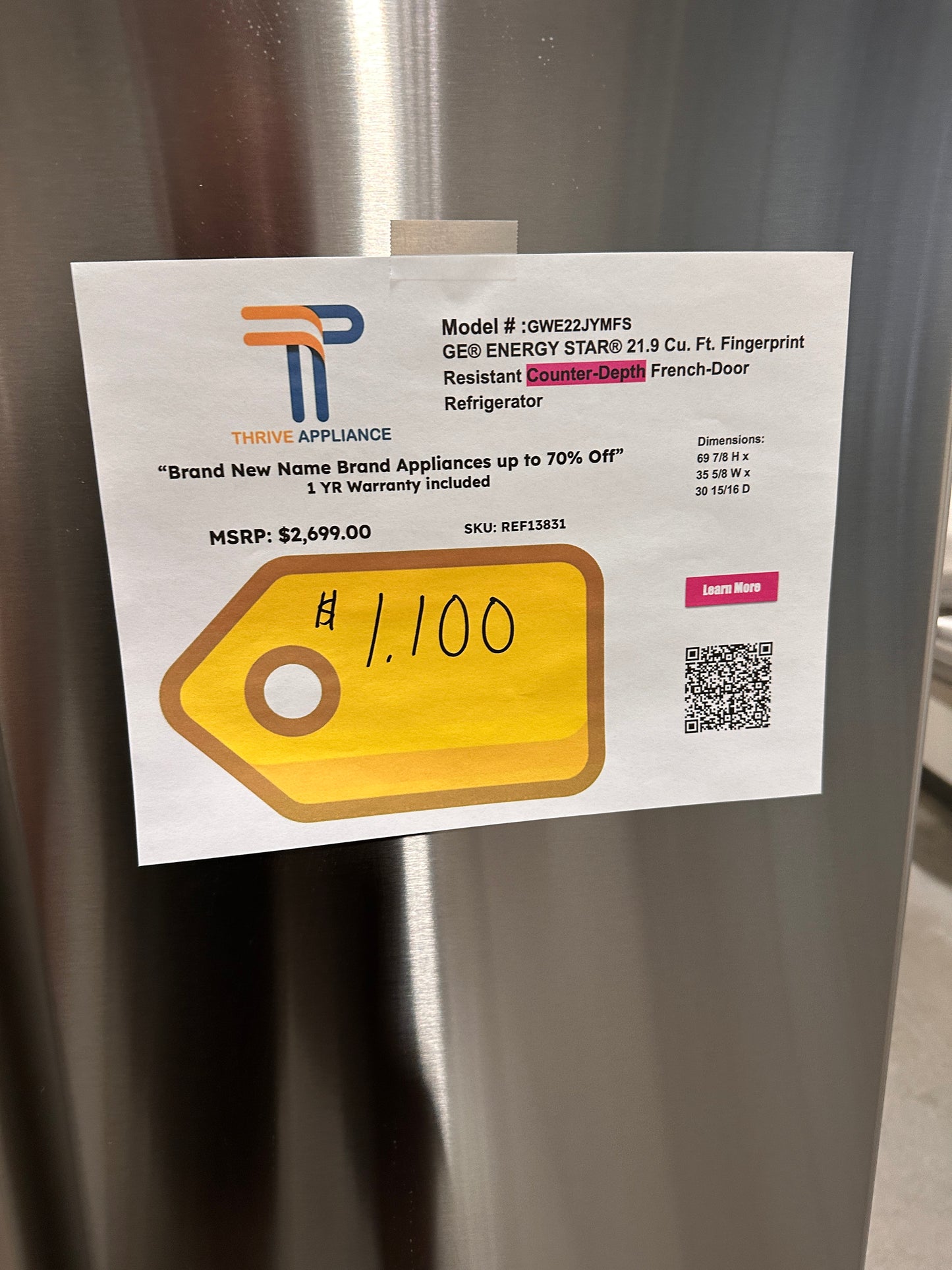 GE 21.9 Cu. Ft. Fingerprint Resistant Counter-Depth French-Door Refrigerator MODEL: GWE22JYMFS REF13831