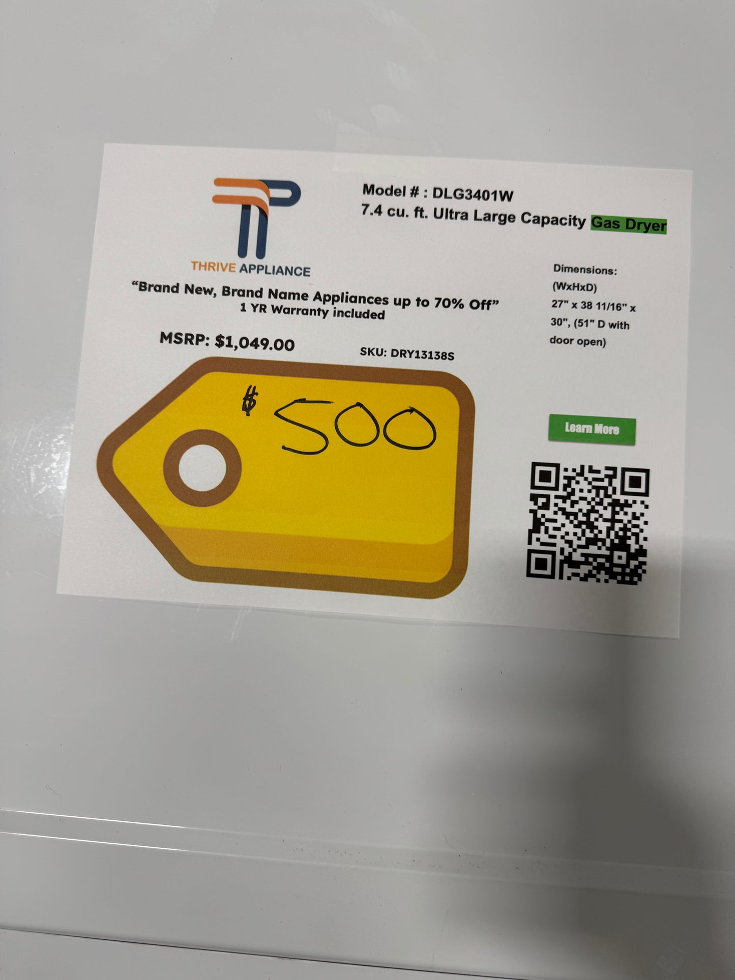 LG 7.4 Cu. Ft. Vented Stackable Gas Dryer in White with Sensor Dry