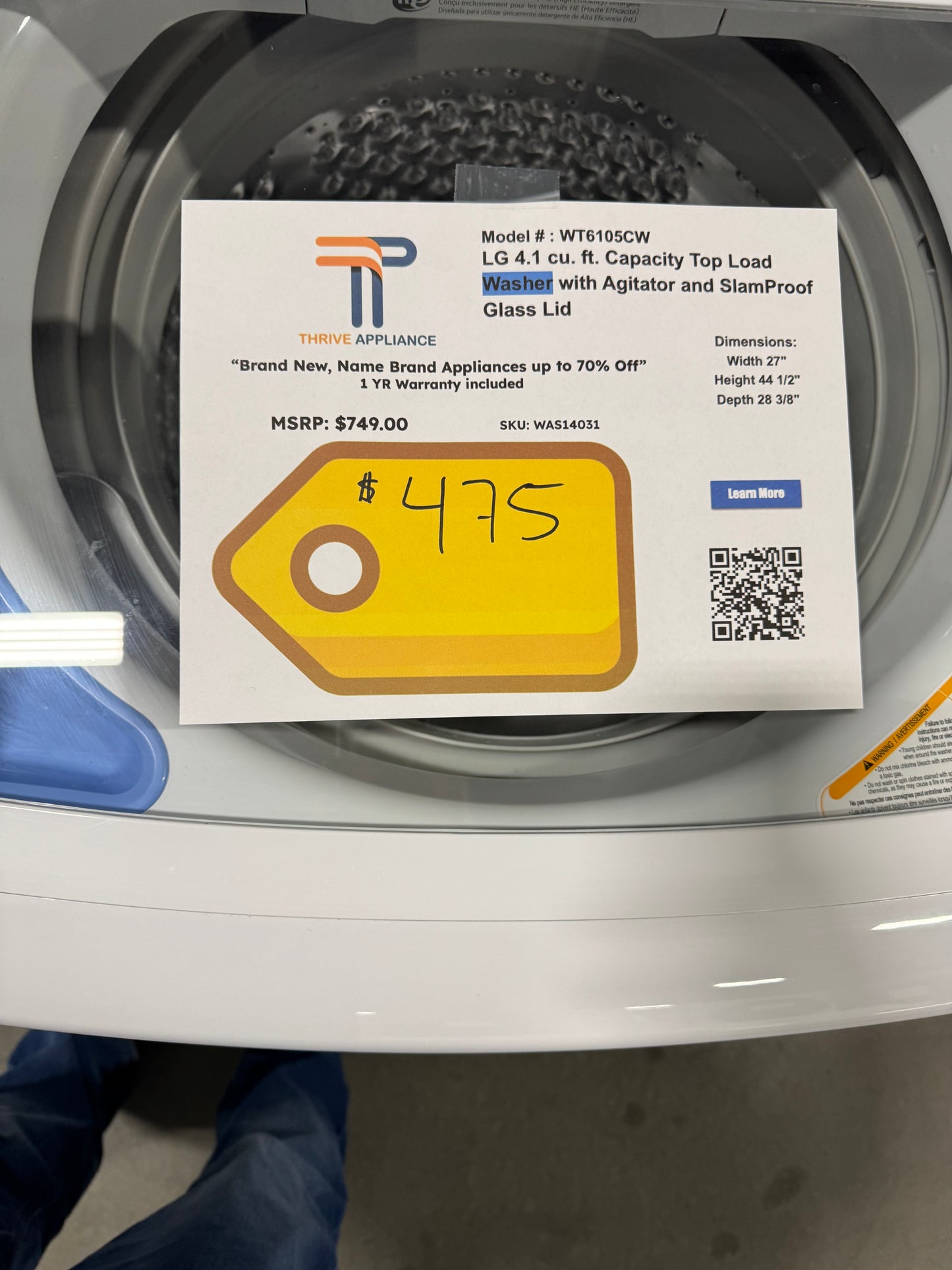 LG 4.1 cu. ft. Top Load Washer in White with 4-way Agitator, NeveRust Drum, SlamProof Glass Lid, and True Balance MODEL: WT6105CW SKU: WAS13031