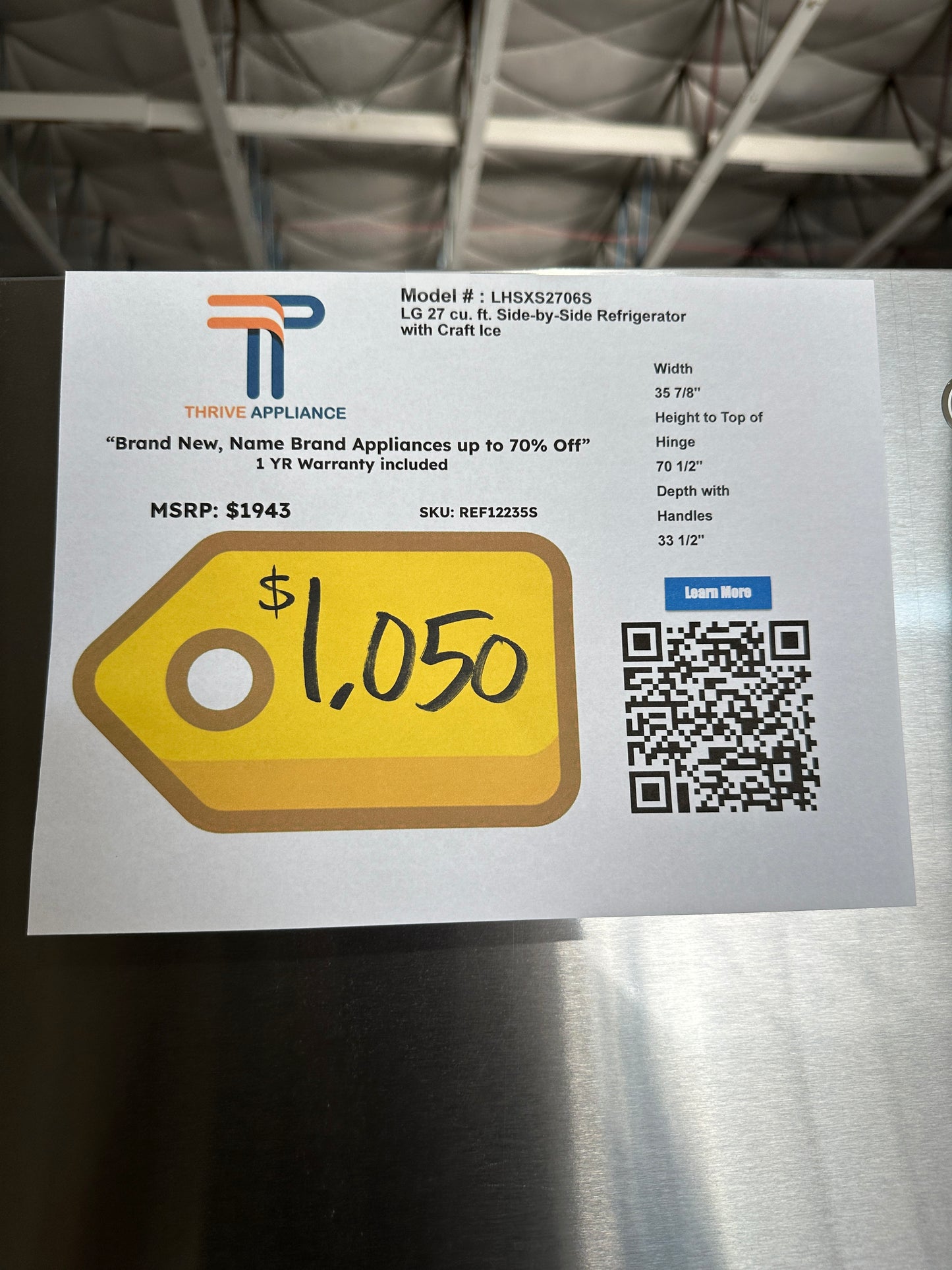 NEW LG SIDE BY SIDE REFRIGERATOR with SPACEPLUS ICE MODEL: LHSXS2706S REF12235S