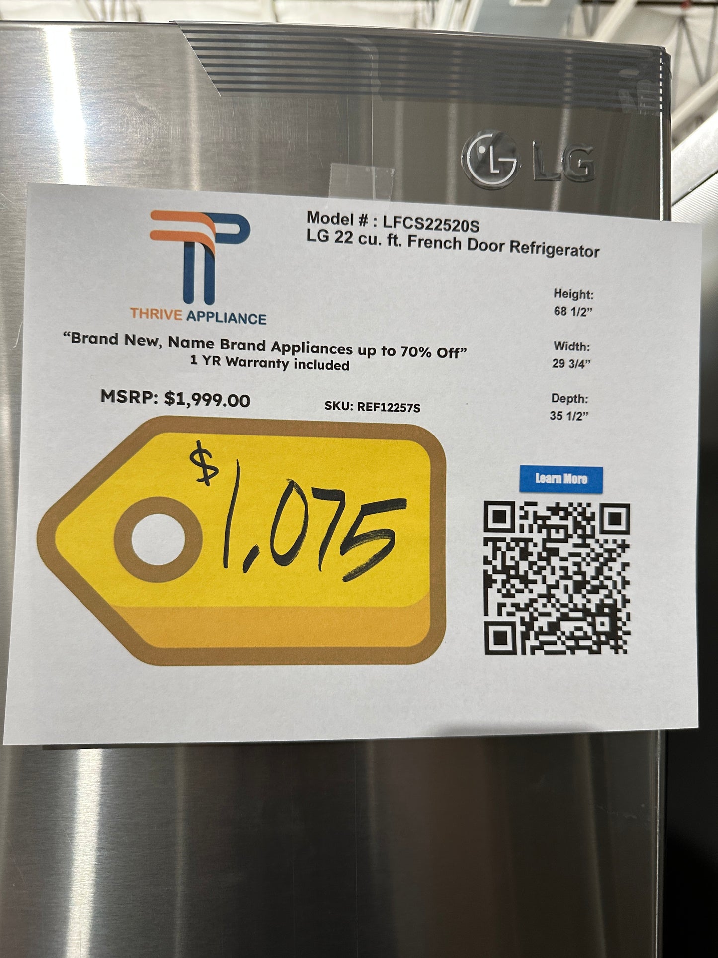 LG - 21.8 Cu. Ft. French Door Refrigerator - Stainless Steel MODEL: LFDS22520S REF12257S