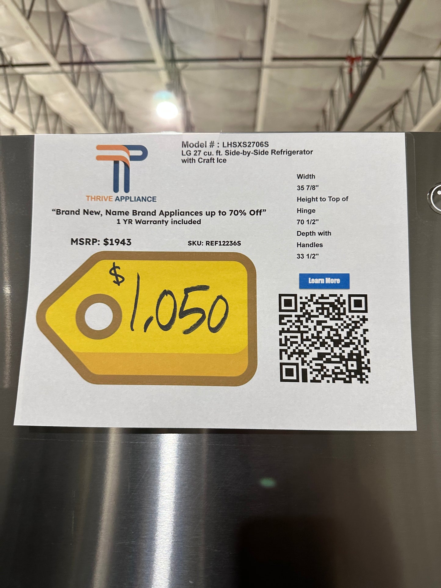 SIDE BY SIDE LG REFRIGERATOR WITH SPACEPLUS ICE MODEL: LHSXS2706S REF12236S