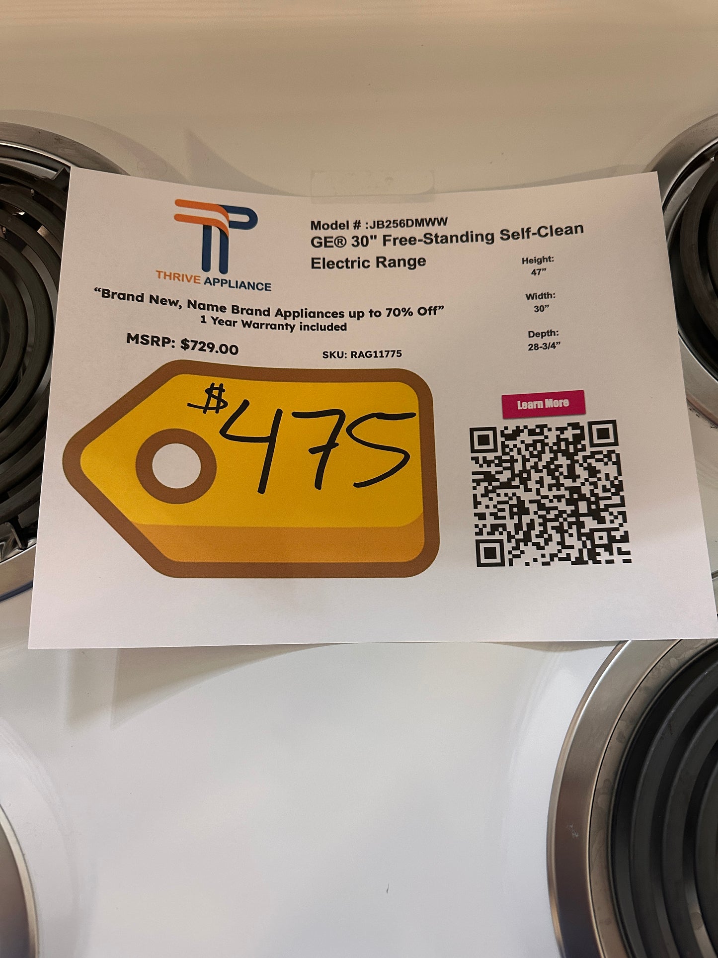 SELF CLEANING GE WHITE ELECTRIC RANGE - RAG11775 JB256DMWW