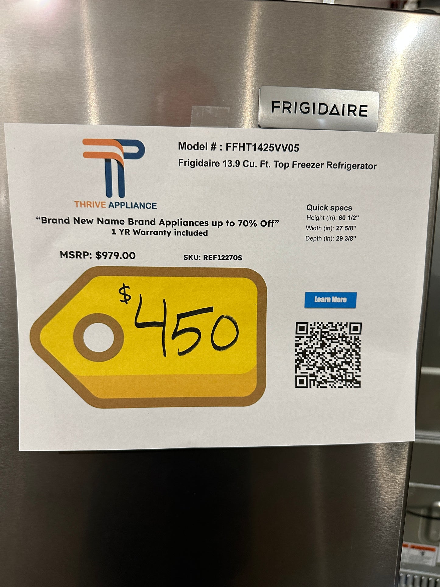 13.9 Cu. Ft. Top-Freezer Refrigerator - Brushed Steel MODEL: FFHT1425VV05 REF12270S