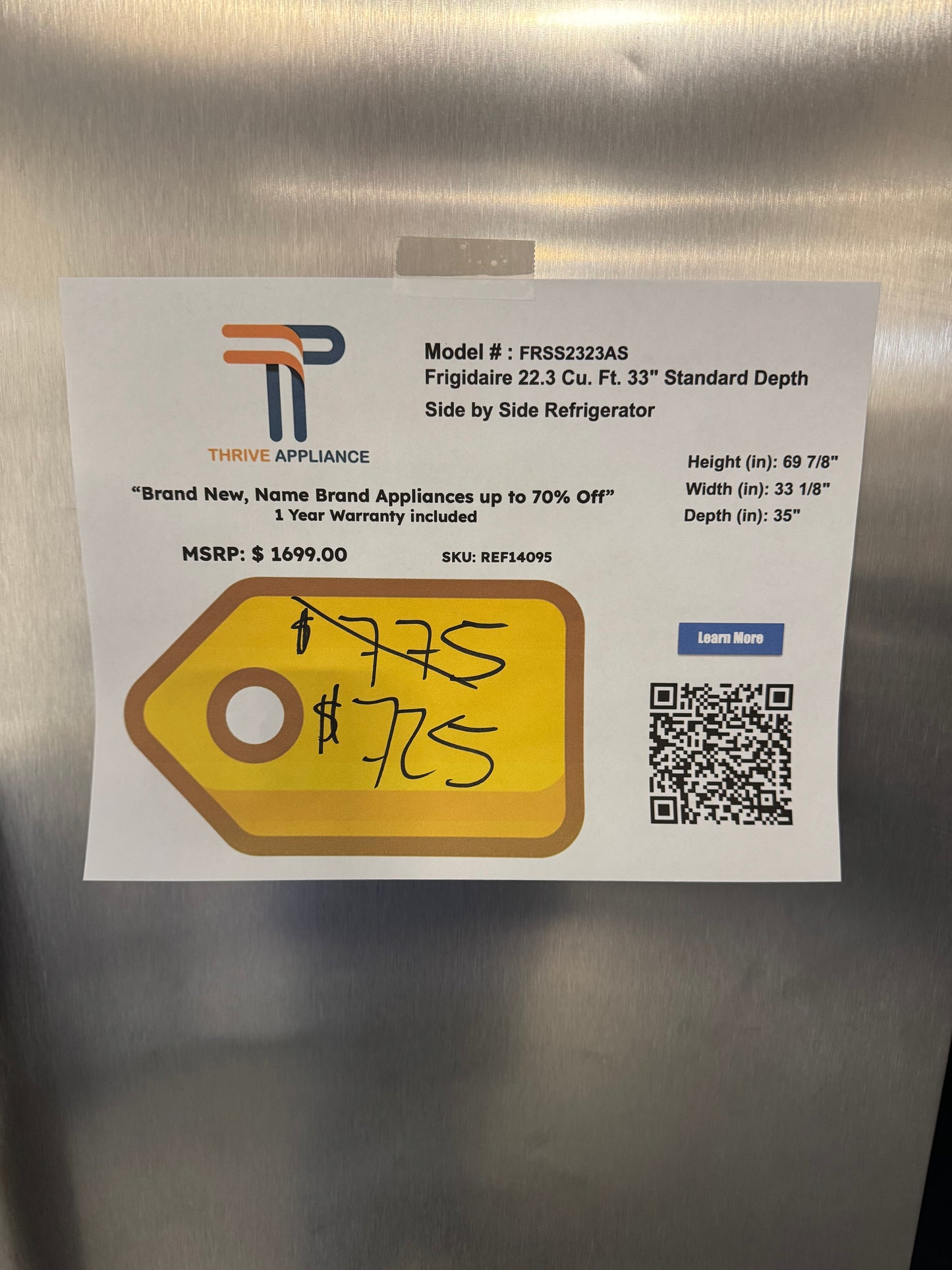 Frigidaire 22.3 Cu. ft. 33" Standard Depth Side by Side Refrigerator MODEL: FRSS2323AS SKU: REF14095