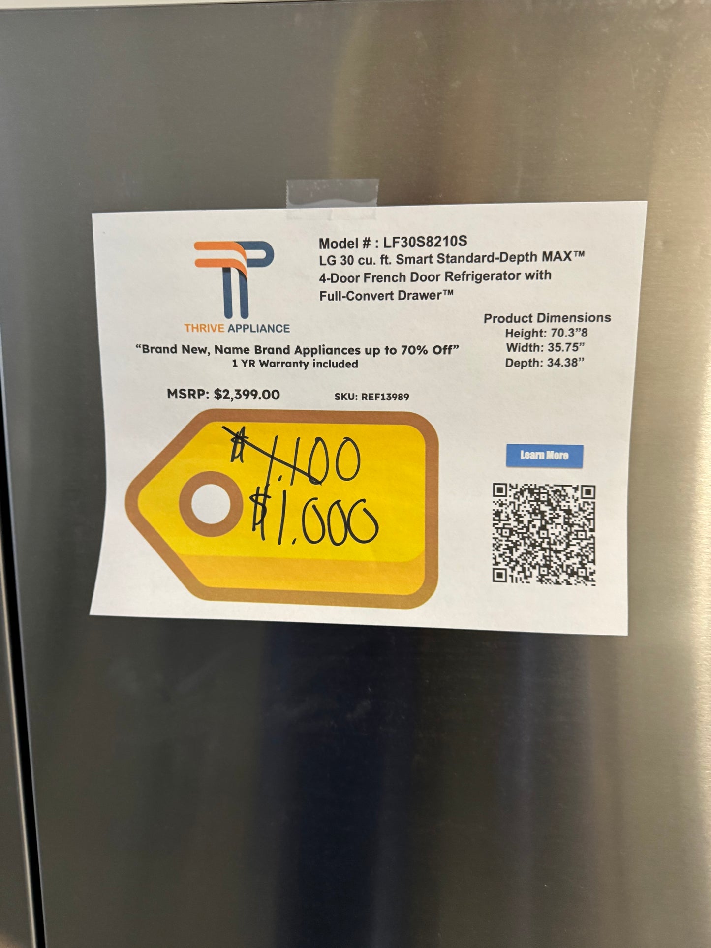 NEW! LG 29.6 Cu. Ft. Stainless 4-Door French Door Refrigerator MODEL: LF30S8210S REF13989