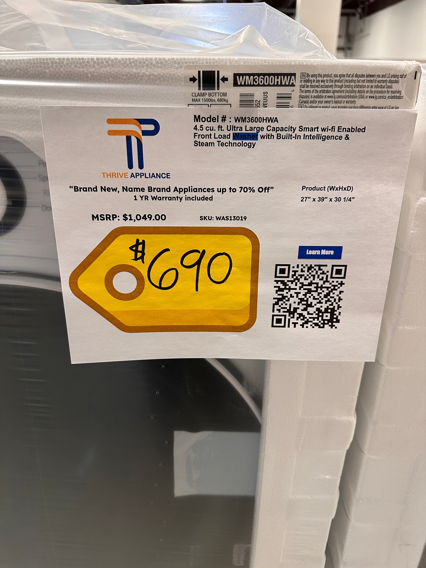 GREAT NEW LG FRONT LOAD WASHING MACHINE - WAS13019 WM3600HWA