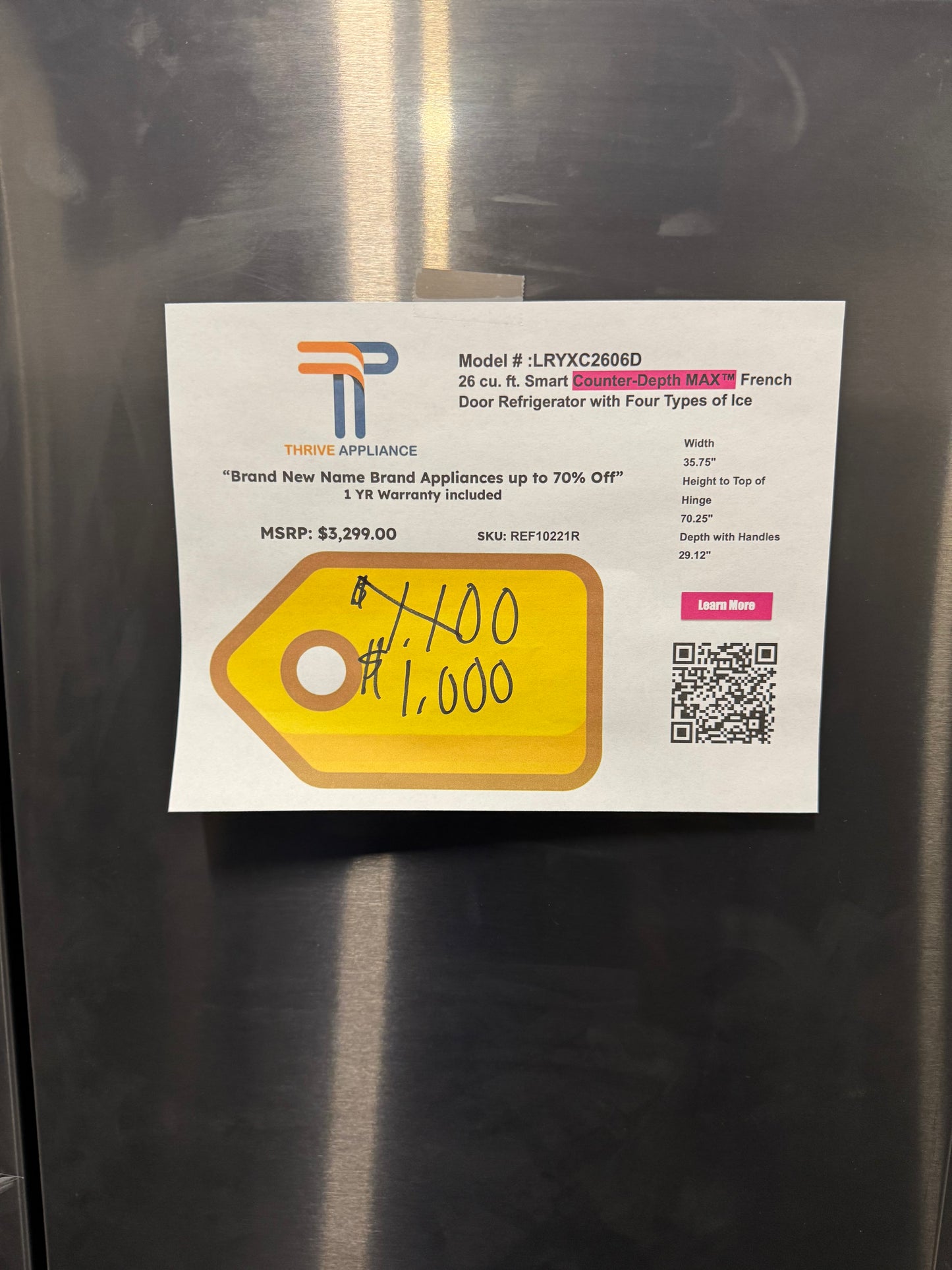 GREAT NEW COUNTER DEPTH MAX SMART FRENCH DOOR REFRIGERATOR MODEL: LRYXC2606D REF10221R