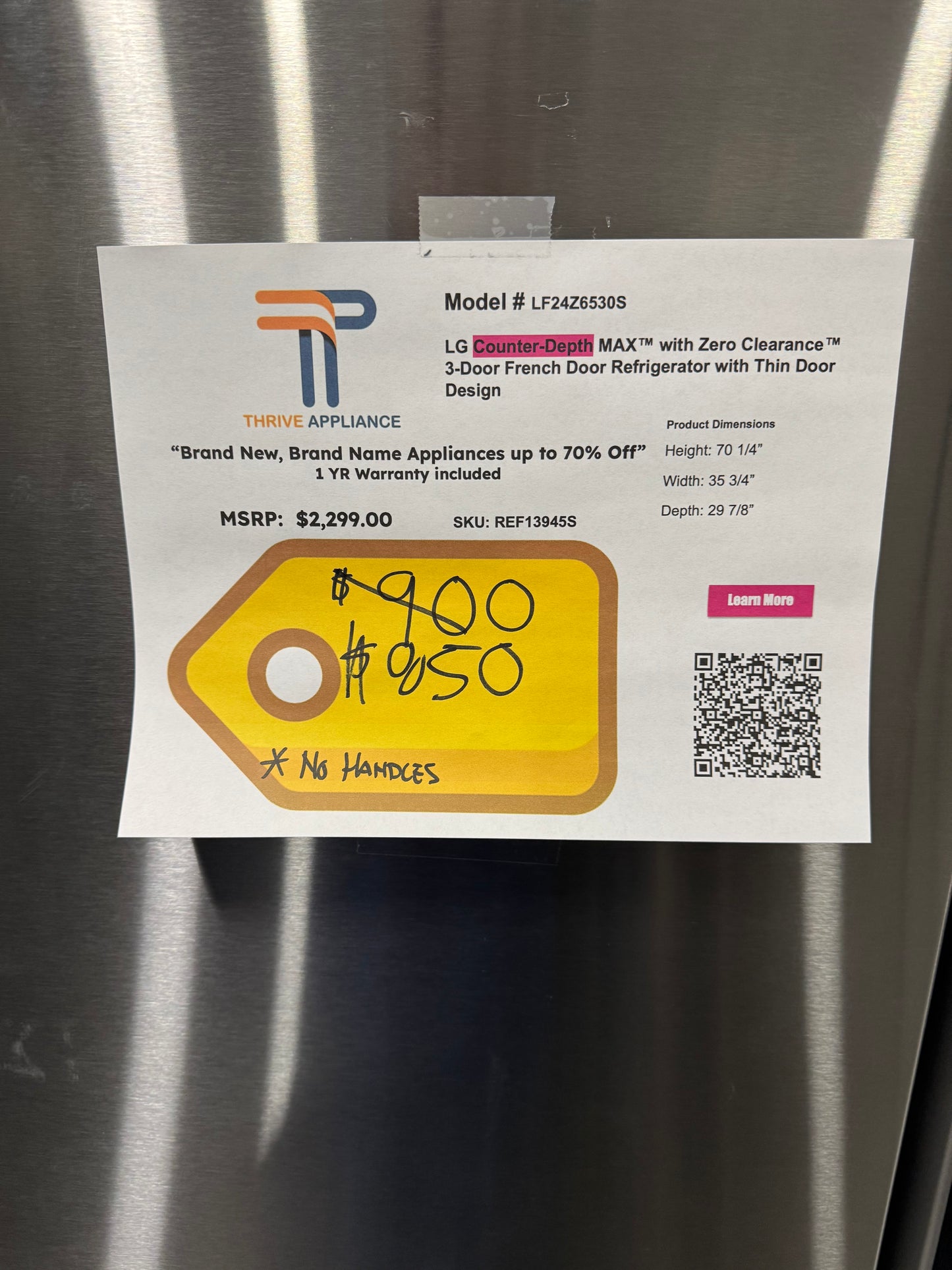 GORGEOUS NEW COUNTER DEPTH LG REFRIGERATOR WITH THIN DOOR DESIGN MODEL: LF24Z6530S REF13945S