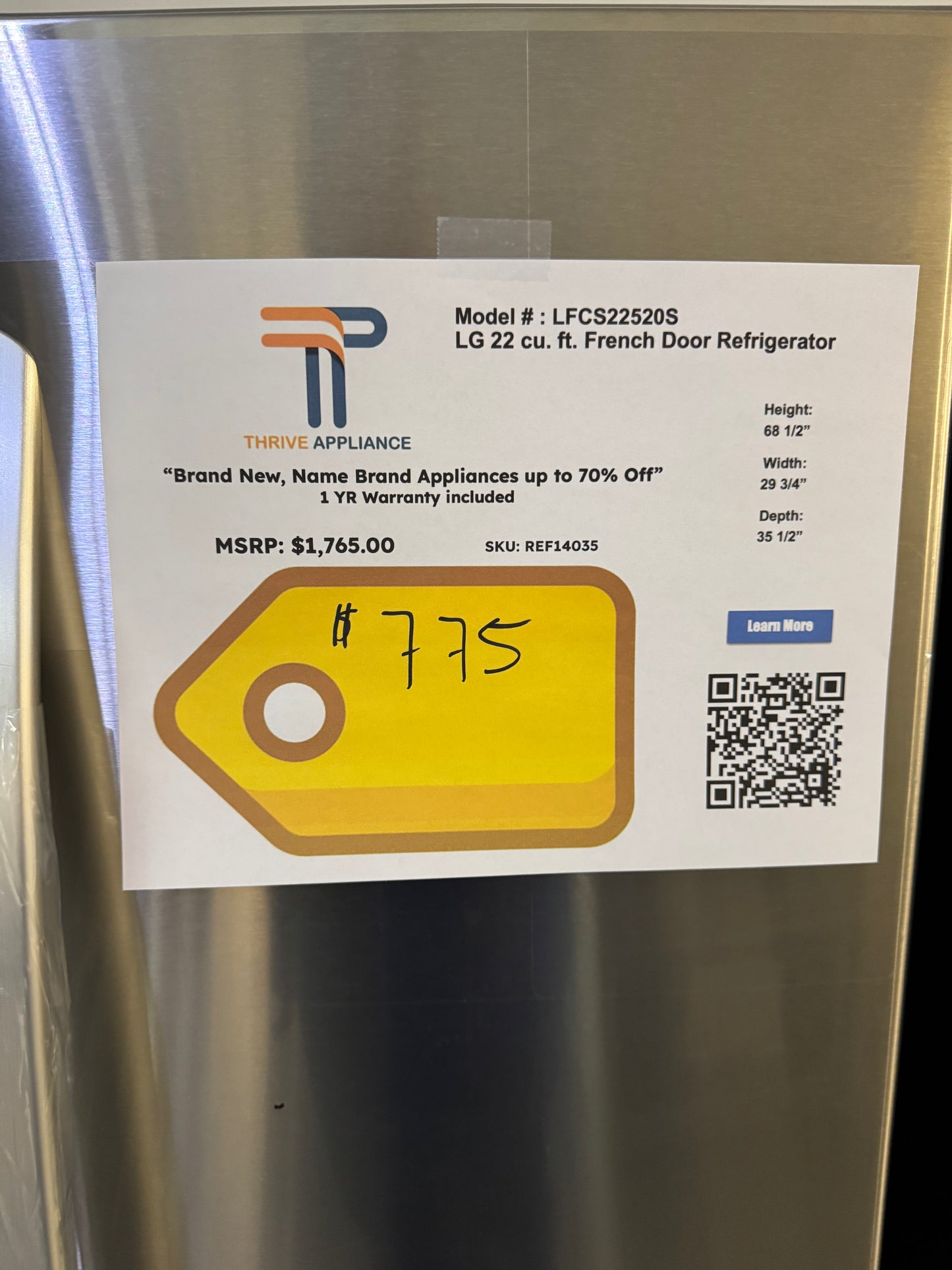 BRAND NEW! LG 21.8 cu ft French Door Refrigerator MODEL: LFCS22520S REF14035