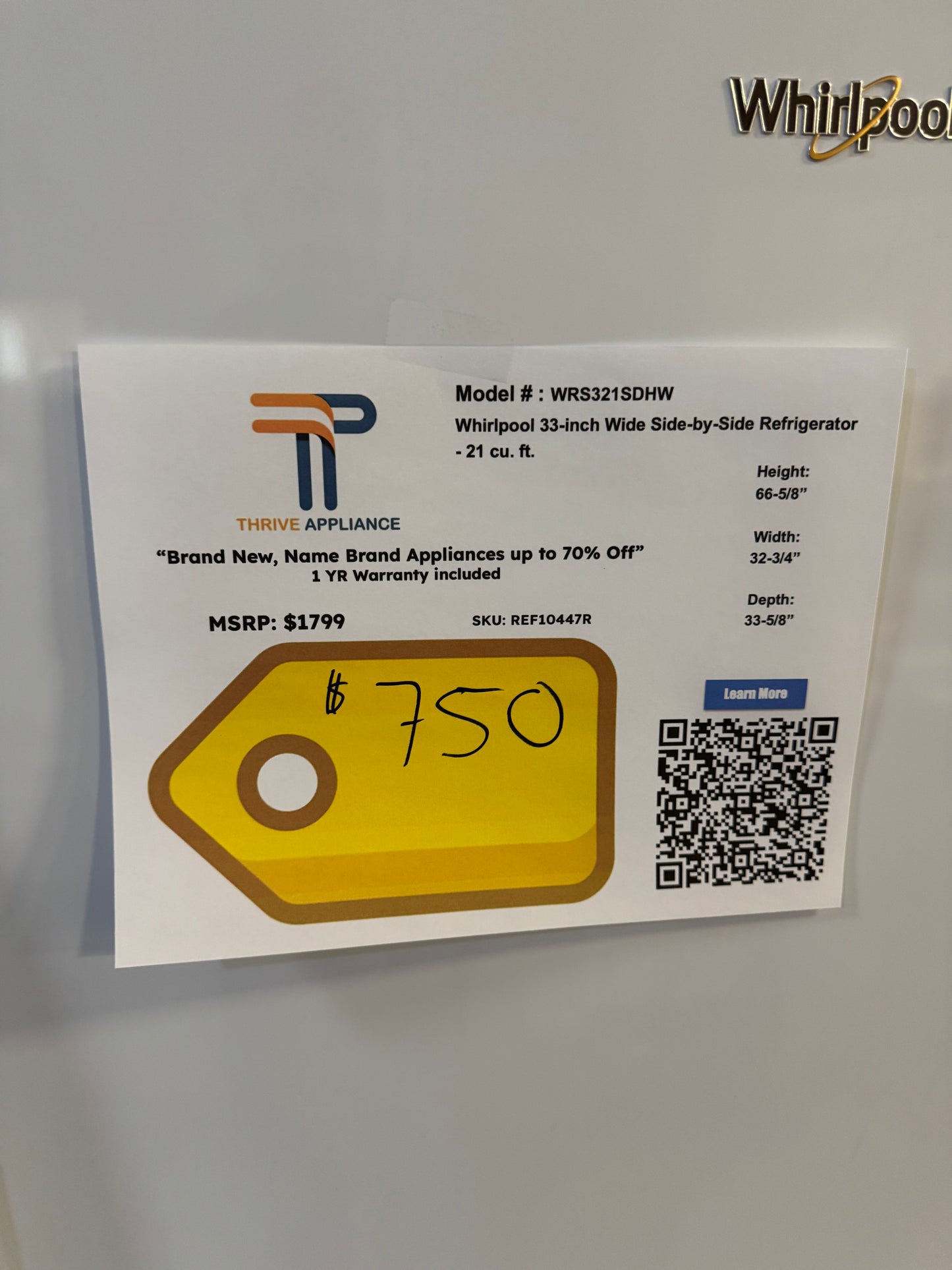 NEW! Whirlpool 33-inch W 21 cu. ft. Side by Side Refrigerator MODEL: WRS321SDHW REF10447R