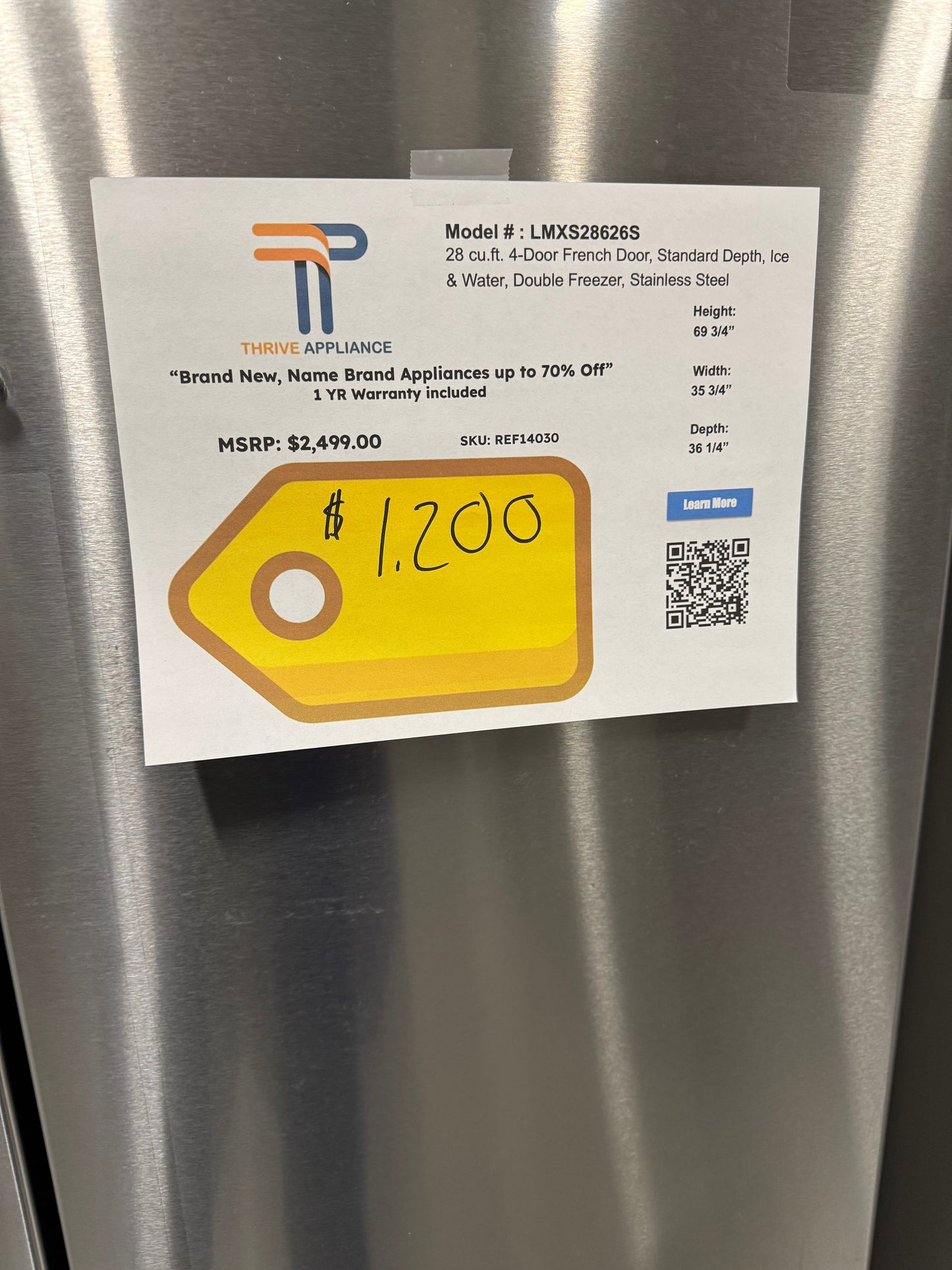 LG 28 cu.ft. Capacity 4-Door French Door Refrigerator MODEL: LMXS28626S REF14030