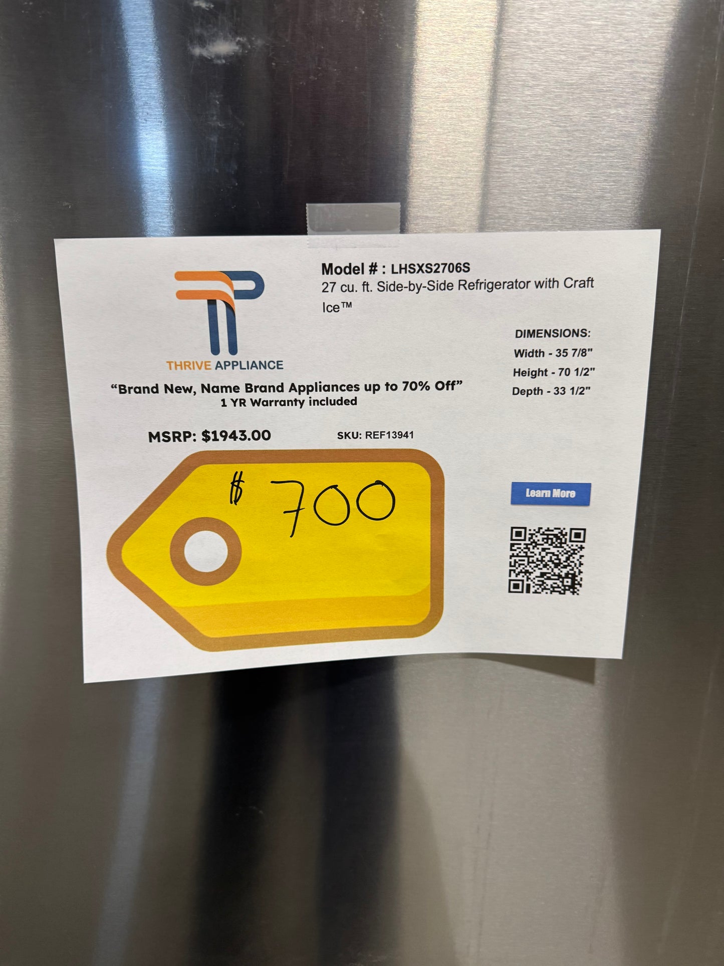 CRAFT ICE CAPABLE LG SIDE BY SIDE SMART REFRIGERATOR MODEL: LHSXS2706S REF13941