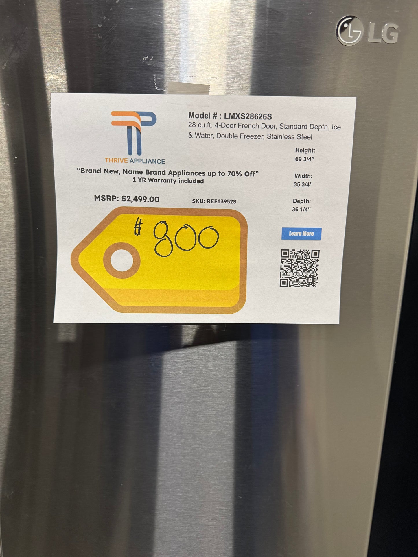 NEW LG REFRIGERATOR WITH SMART COOLING SYSTEM MODEL: LMXS28626S REF13952S