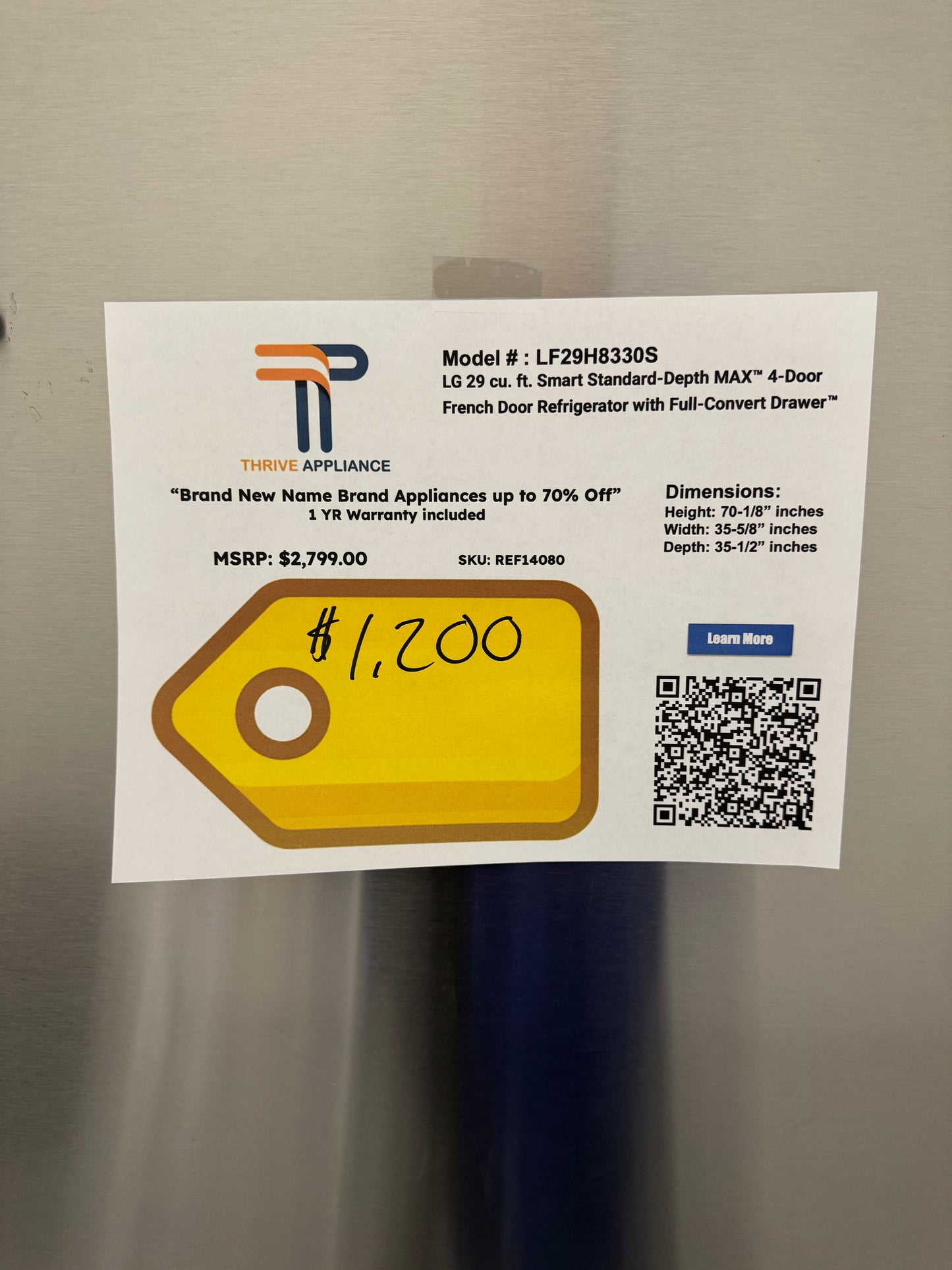 LG 29 Cu. Ft. Stainless 4-Door French Door Smart Refrigerator MODEL: LF29H8330S REF14080