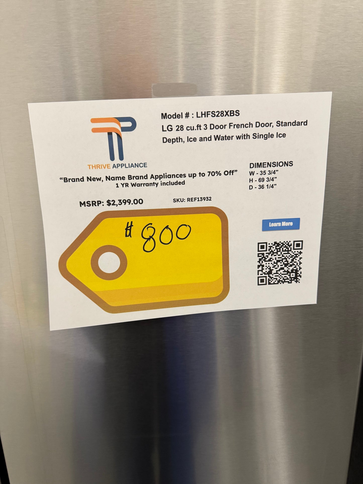 GORGEOUS BRAND NEW FRENCH DOOR REFRIGERATOR MODEL: LHFS28XBS REF13932